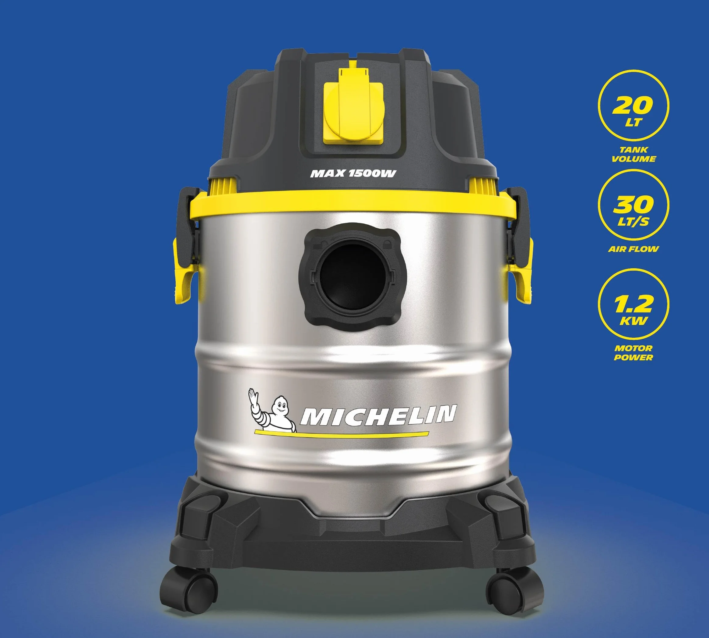 MICHELIN, Odkurzacz na stałe i ciecze, HP20 PRO, stalowy zbiornik 20 l, z gniazdem elektronarzędzi, 1200 W, z akcesoriami, funkcja dmuchania, 20 kPa