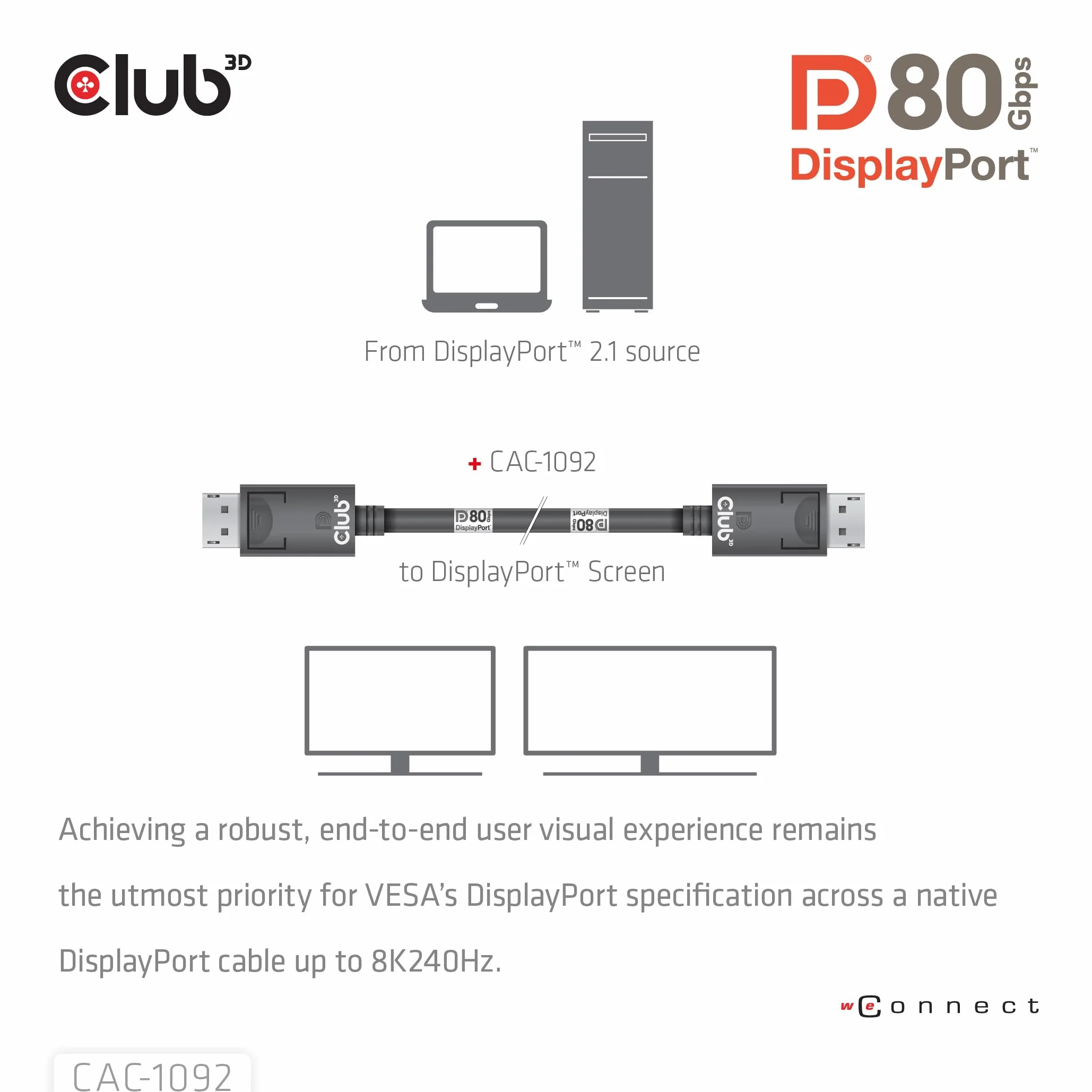 Club3D CAC-1092 DisplayPort 2.1 kabel dwukierunkowy VESA DP80 certyfikowany 4K240Hz 8K60Hz 10K60Hz M/M 1,6 m