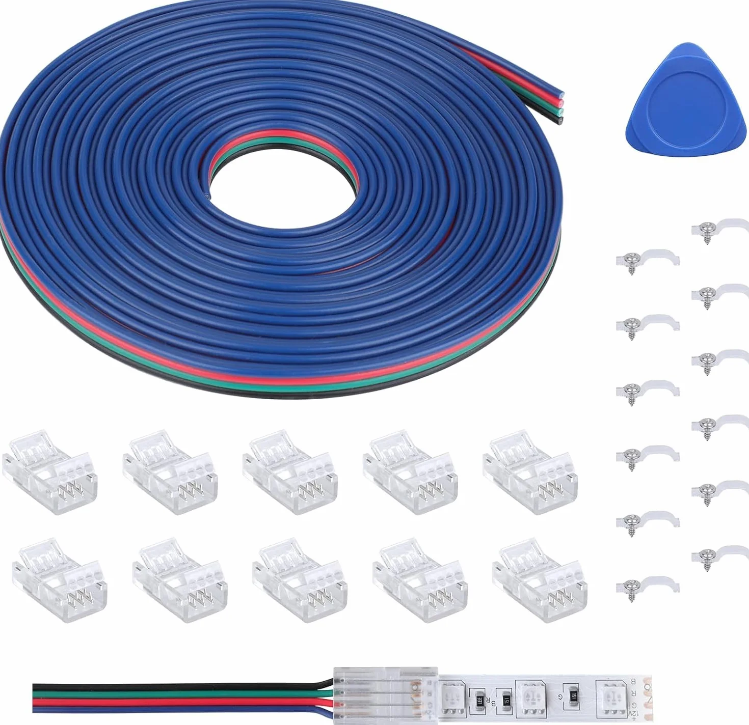 REDTRON Przedłużacz taśmy świetlnej LED 4-pinowy, bez lutowania, zestaw złączy z przedłużaczem 5 m i 10 szt. złączami do taśm LED RGB 10 mm, 5050 RGB