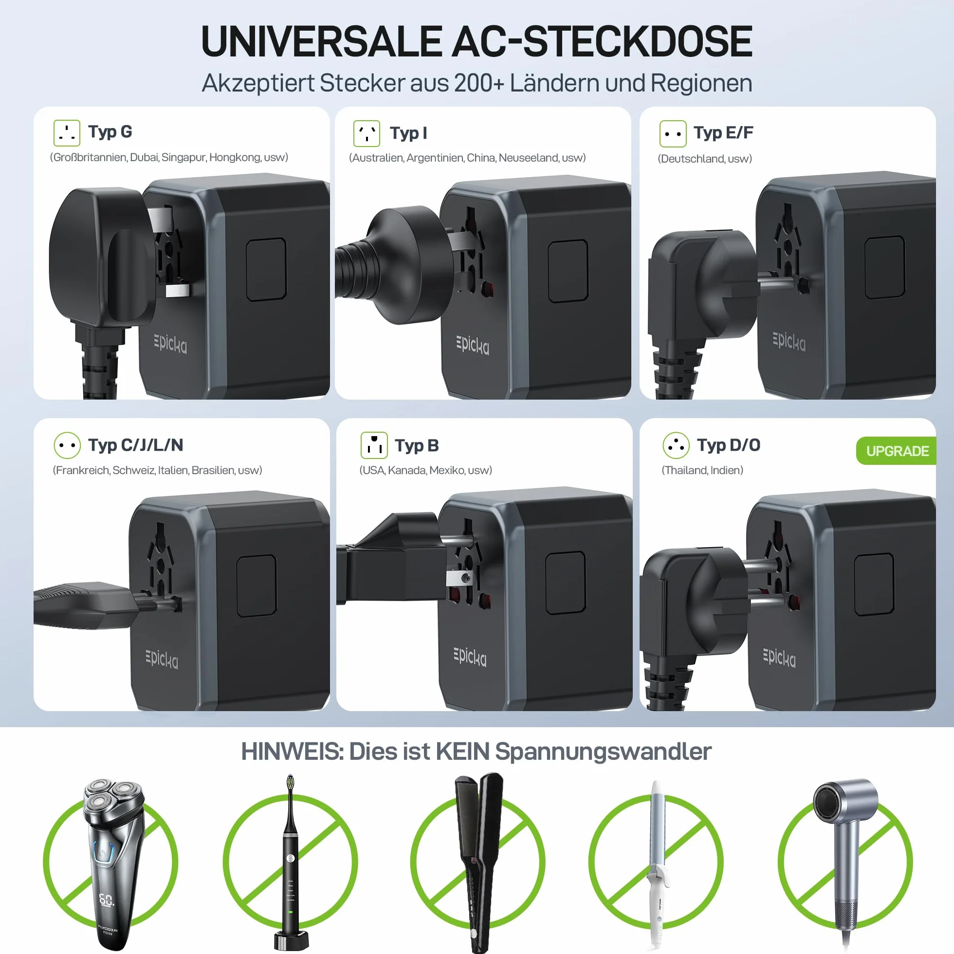 Epicka Uniwersalny adapter podróżny na cały świat PD Fast Charge, 45W szybkie ładowanie adapter podróżny z 3 USB i 2 USB C, uniwersalny dla UE USA UK Tajlandia Australia Adapter podróżny 105s