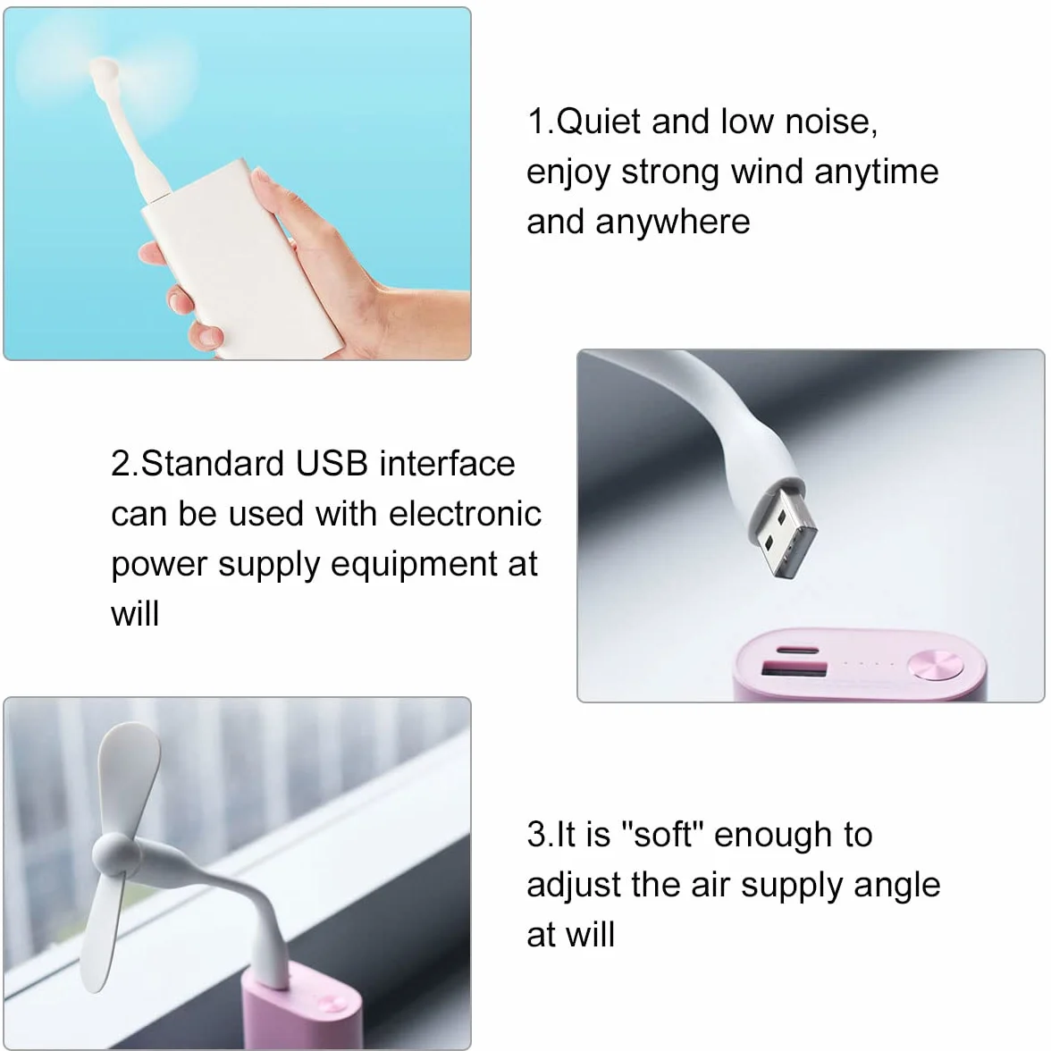 Cerioll mini wentylator USB 4 sztuki elastyczny do komputera notebooka powerbanku czarny biały różowy niebieski