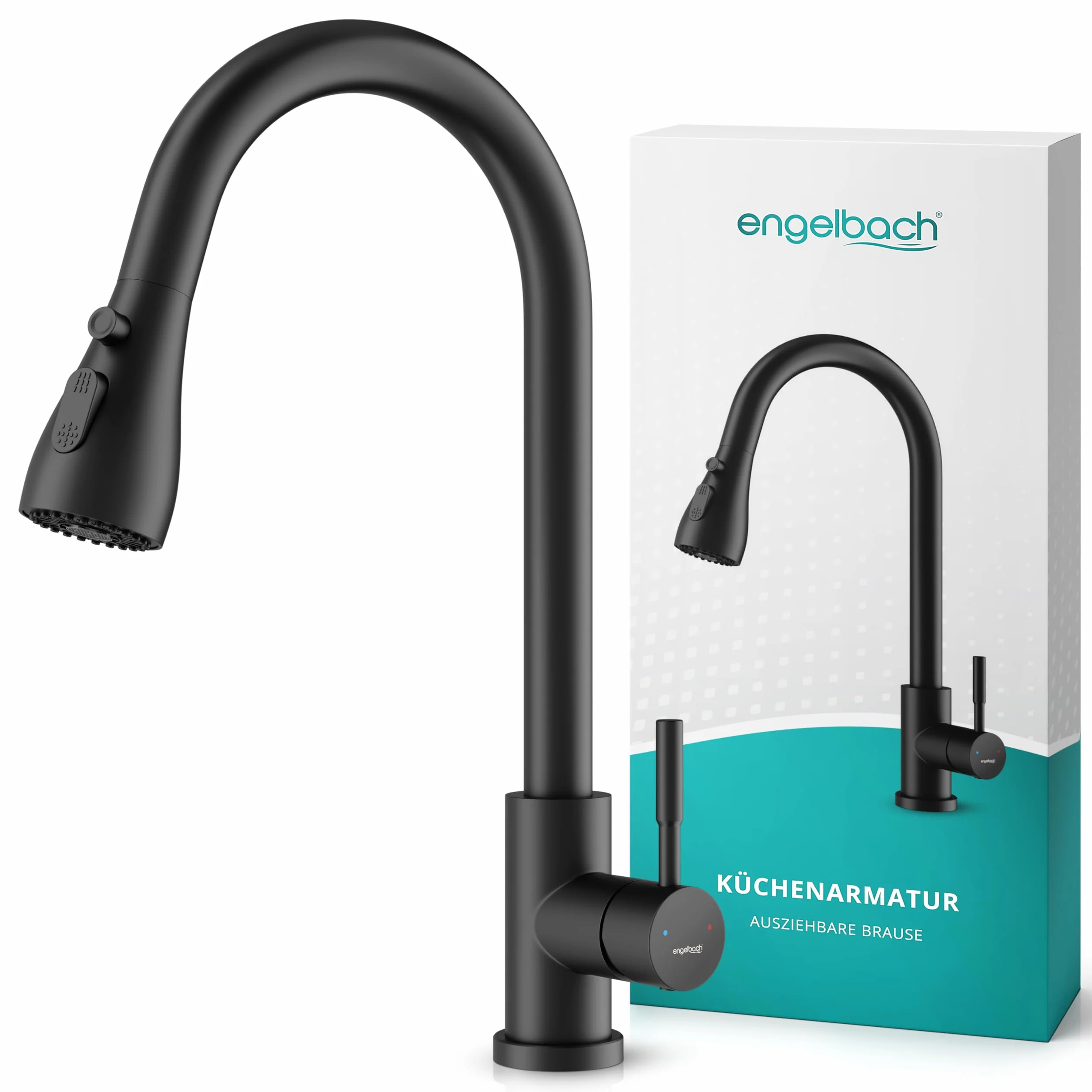 Engelbach® Bateria kuchenna – wyciągana i obrotowa 360° dla maksymalnego zasięgu – stal nierdzewna 304, 2 tryby strumienia – bateria do zlewu, mieszacz kuchenny, czarny