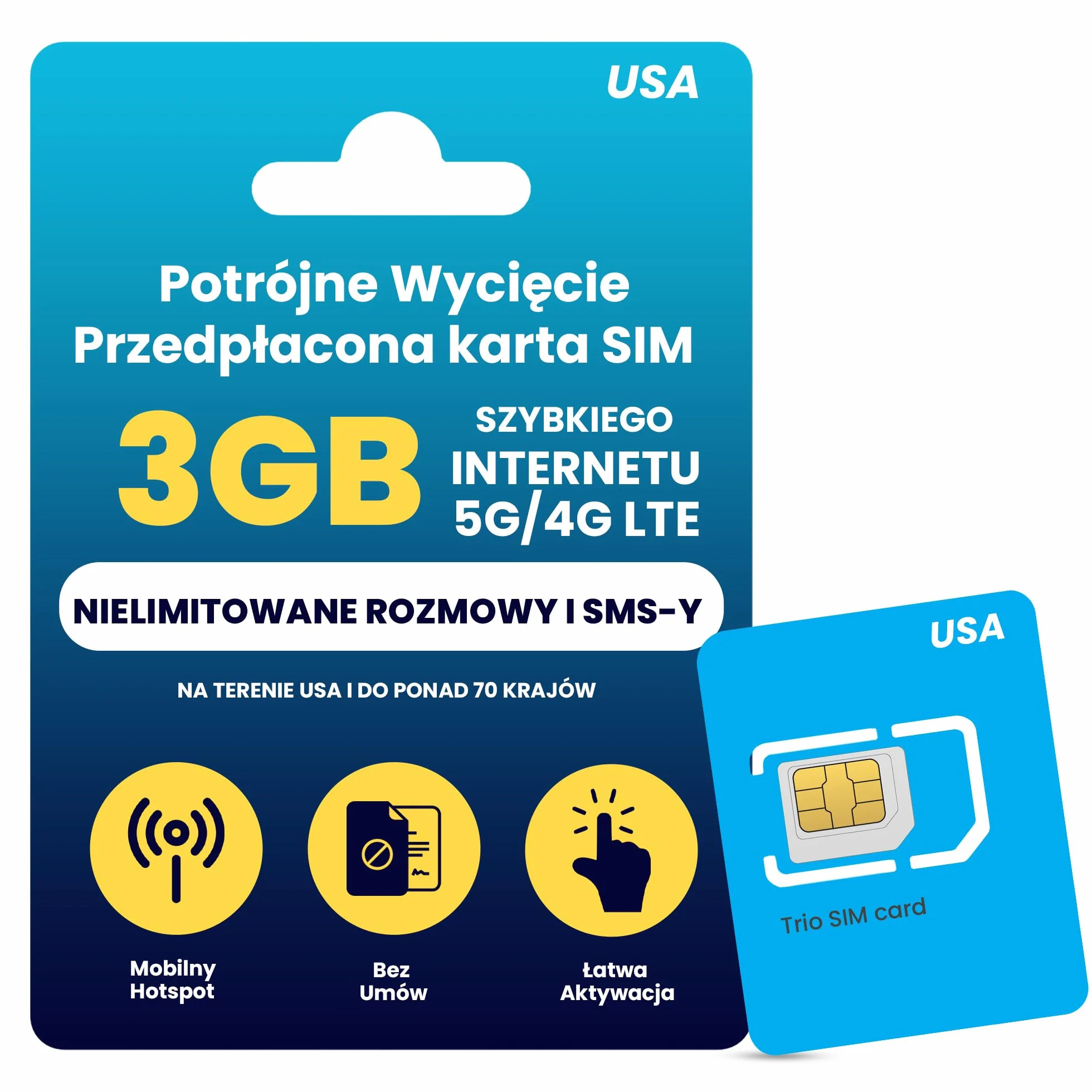 H2O Wireless Przedpłacona Karta SIM USA 30 Dni 3GB 4G LTE/5G + 2GB Hotspotu Nielimitowane Dane Rozmowy SMS