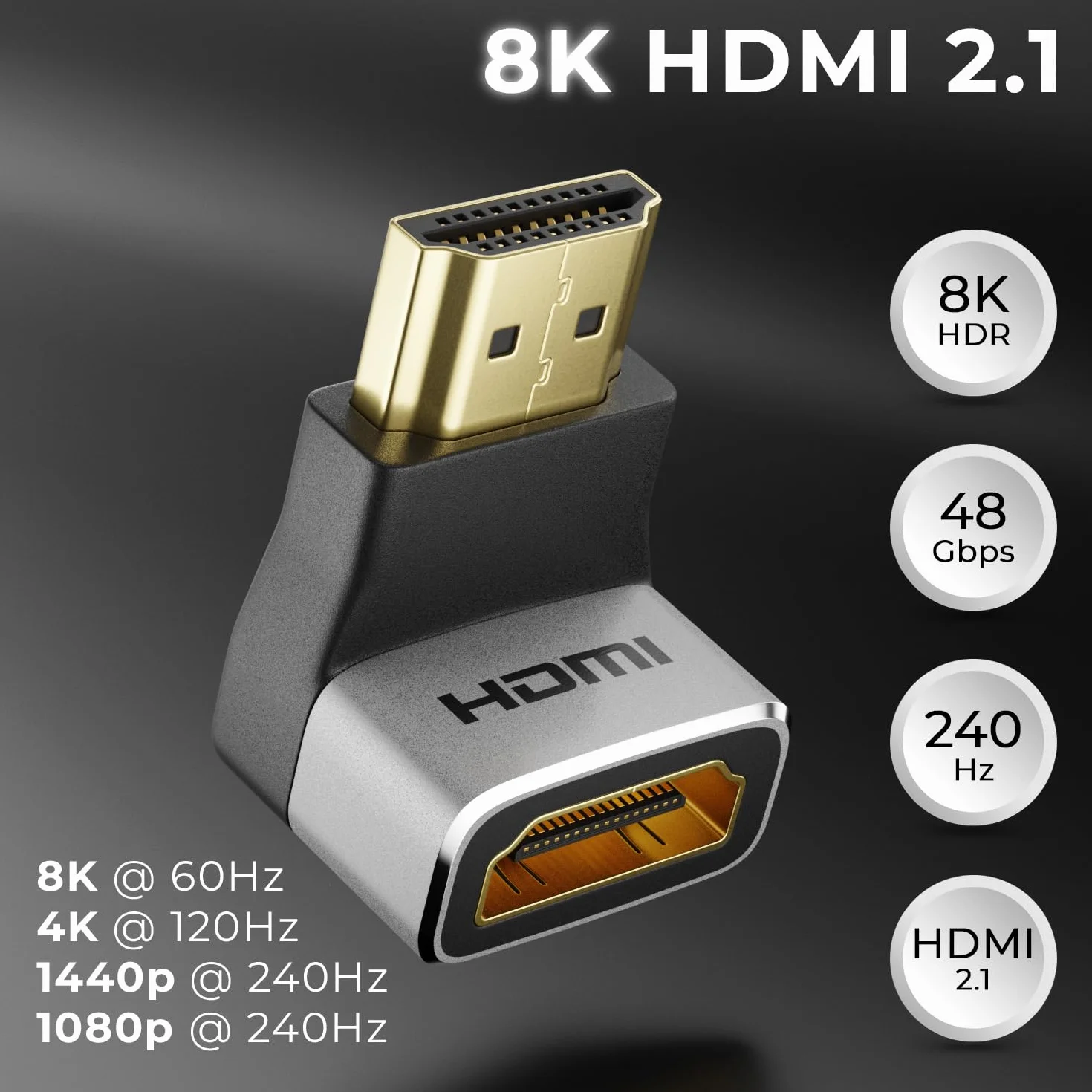 deleyCON Złącze Adaptera HDMI kąt 90° 8K@60Hz / 4K@120Hz UHD 7680x4320 Aluminium HDMI 2.1 ARC HDR10+ Dolby Vision VRR ALLM 48 Gb/s 90° pod Kątem Szary Czarny