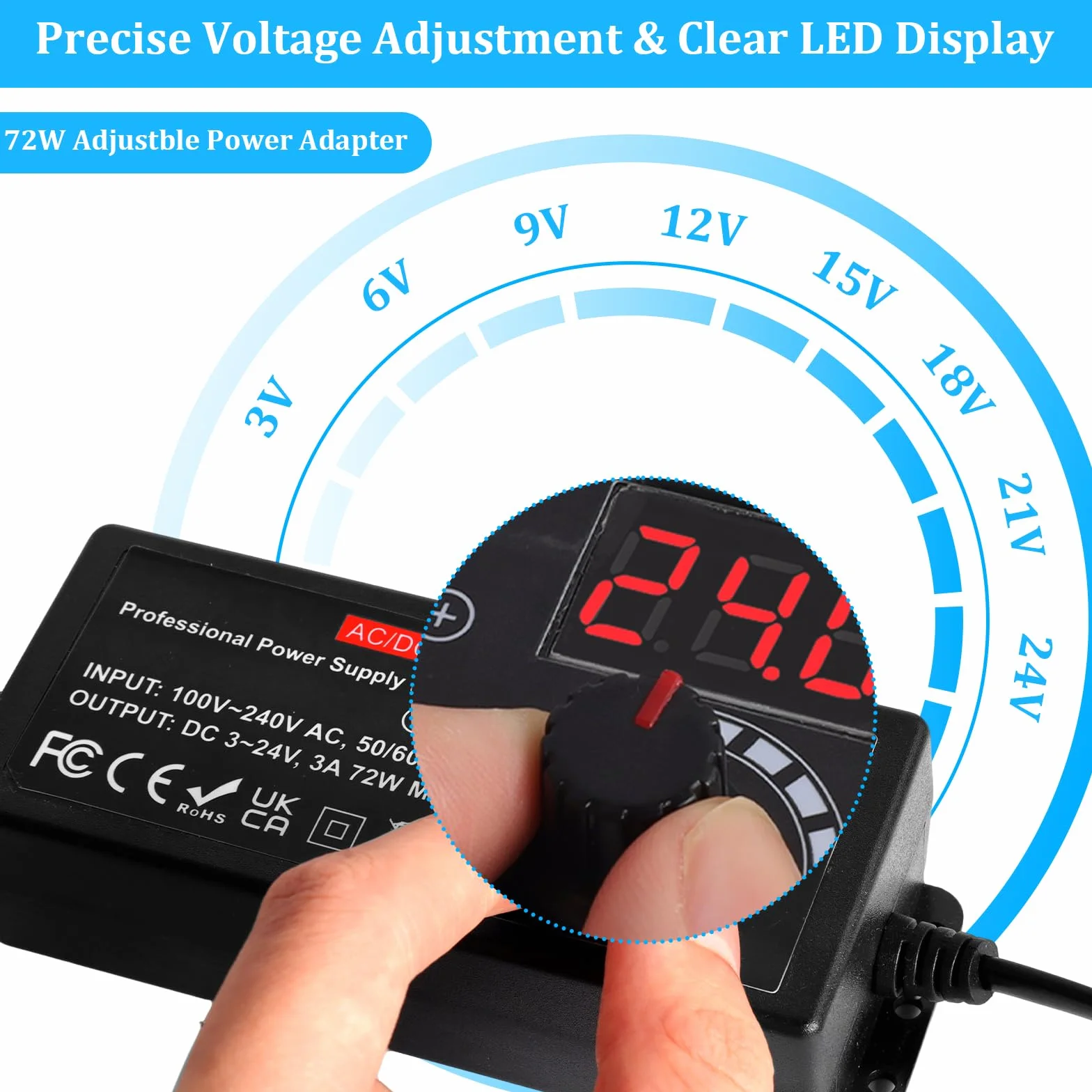 Uniwersalny zasilacz 3 V-24 V, regulowany zasilacz 100 V-240 V AC do DC ze wskaźnikiem napięcia LED 3 A 72 W, regulowany adapter sieciowy 5,5 x 2,5 mm, 16 końcówek, regulowany adapter sieciowy