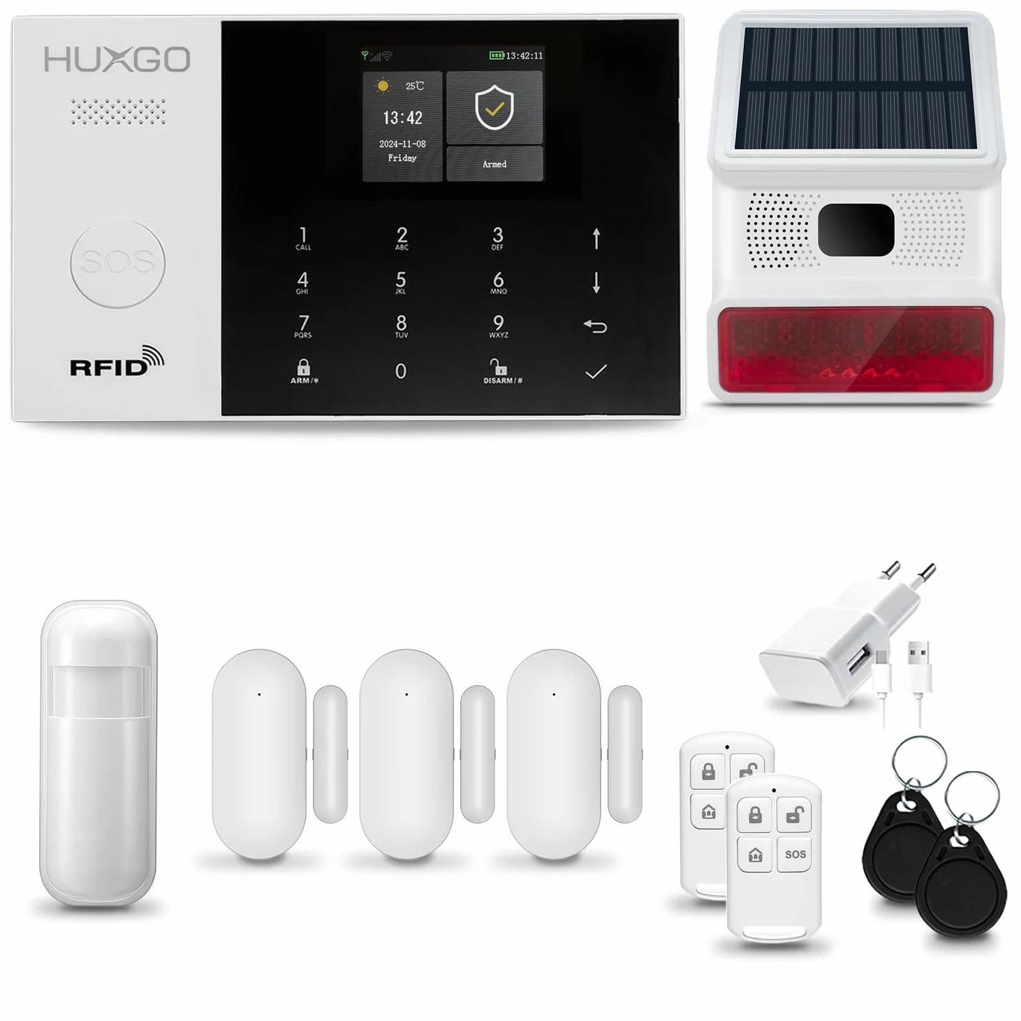 HXA005 System alarmowy domowy WiFi + GSM 4G, syrena solarna bezprzewodowa |Aplikacją Tuya Smartlife, 1x czujnik ruchu PIR, 3x czujnik drzwi | Sterowanie z telefonu