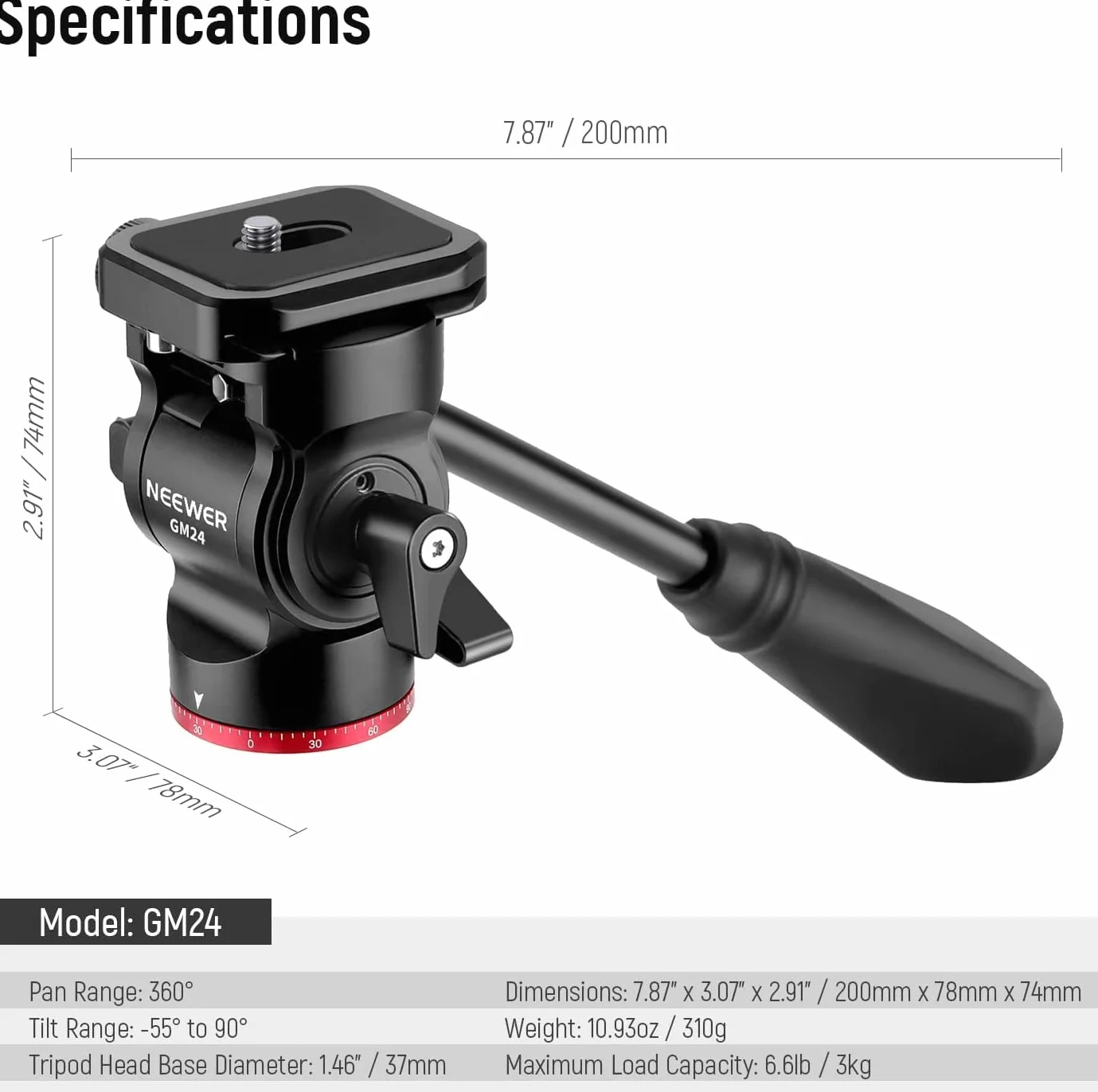 NEEWER Statyw z głowicą fluidową Pan Tilt Head z płytą do szybkiego montażu i uchwytem, metalowa głowica statywu kompatybilna z Arca Swiss do kompaktowych kamer wideo DSLR, obciążenie do 3 kg, GM24