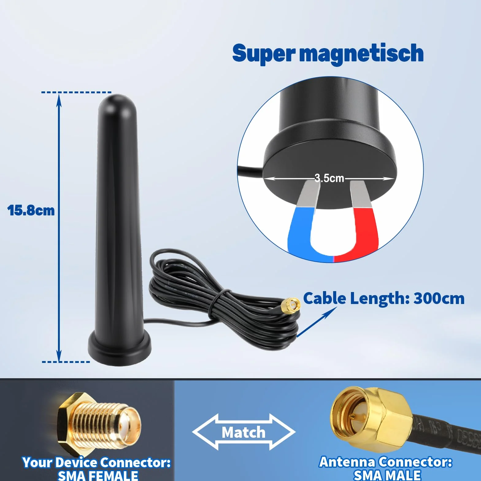 Eightwood Antena magnetyczna 4G LTE SMA 6dBi wielokierunkowa z kablem 3 m