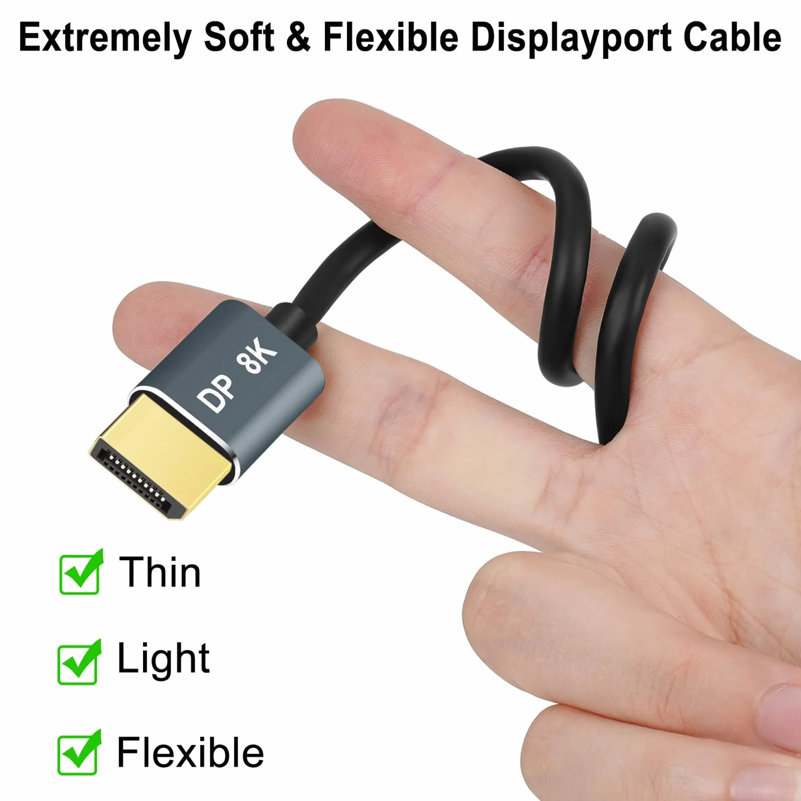 Elastyczny Cienki Kabel DisplayPort 8K 4K 2M, Przewód DP 1.4 32,4 Gb/s