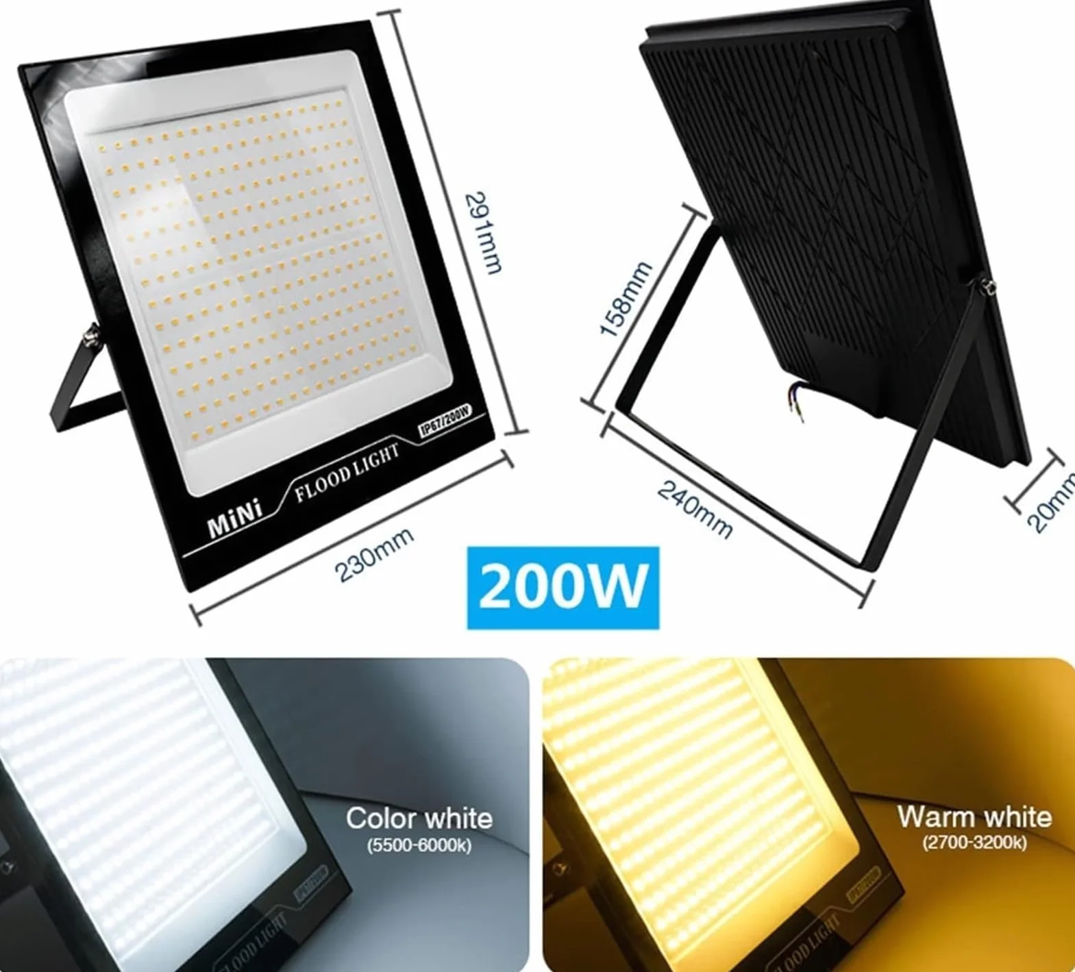 Lampy solarne zewnętrzne, Lot Zewnętrzny reflektor Reflektor IP67 Oświetlenie uliczne do ogrodu, podwórka, garażu, drzwi(Cold White,200W)