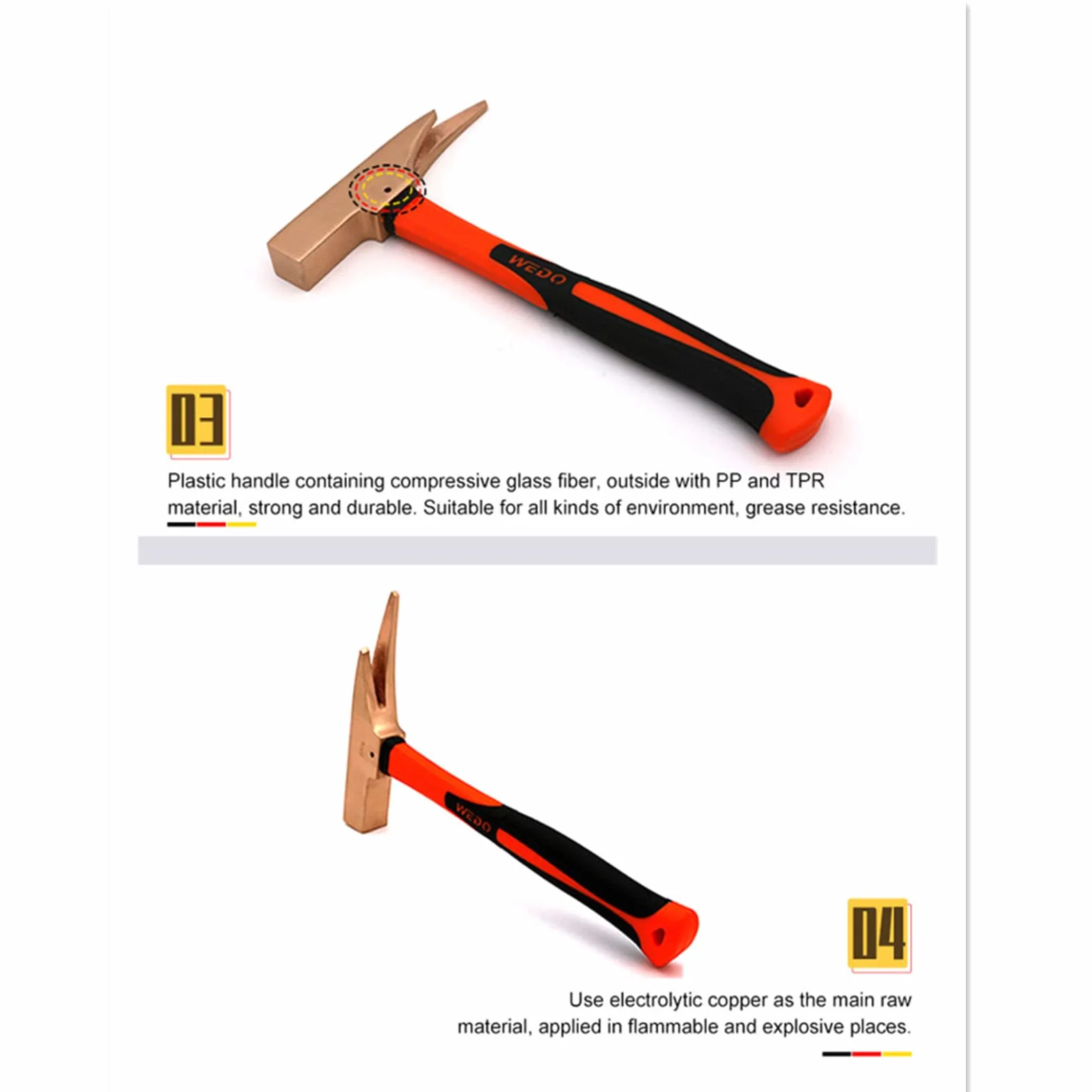 WEDO Młotek stolarski nieparkingowy, bez iskier, miedź berylowa, niemagnetyczna, standard DIN, certyfikat BAM i FM, 600 g x 330 mm