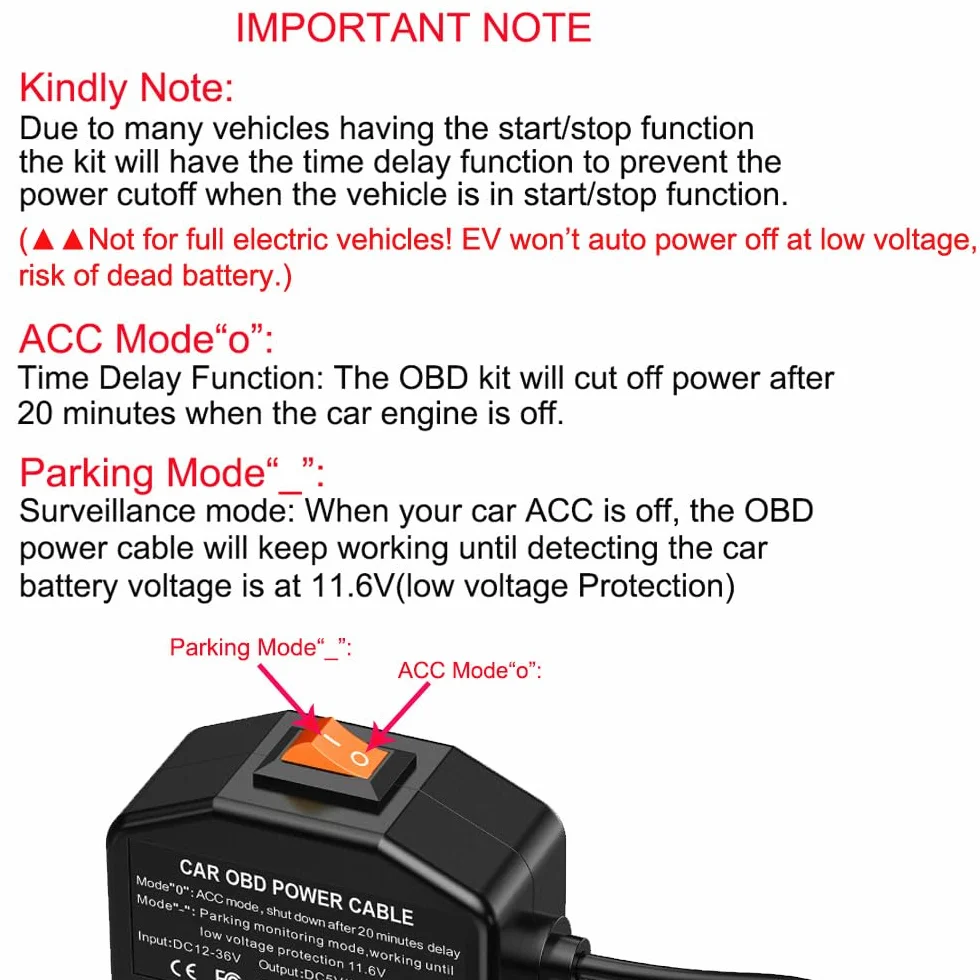 Gebildet Miniaturowy zestaw USB Dash Cam OBD Hardwire z kablem zasilającym OBD do kamery samochodowej 12-24V do 5V/3A z zabezpieczeniem przed niskim napięciem,24godzinny monitoring parkingowy/tryb Acc