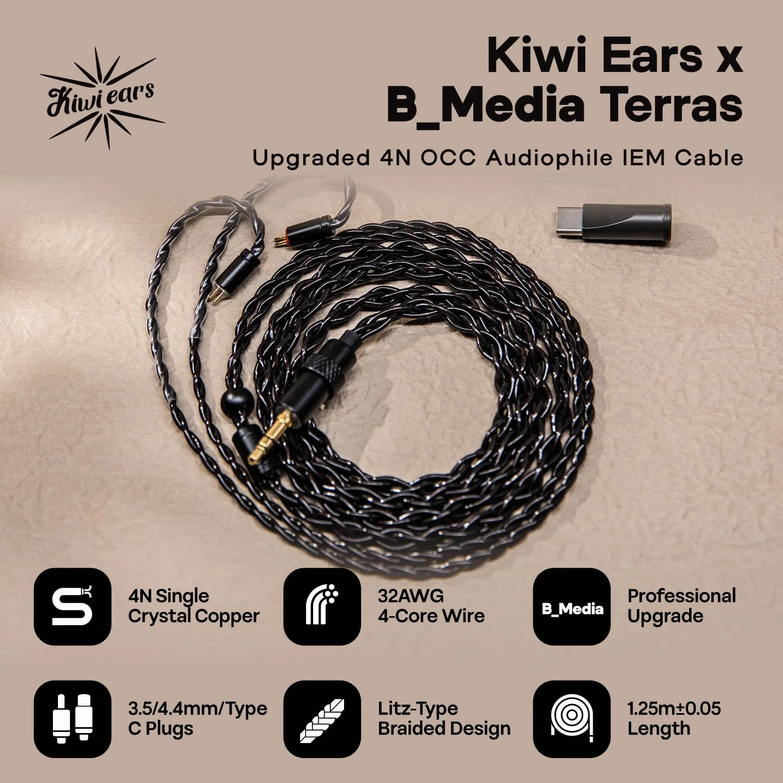 Linsoul Kiwi Ears Terras IEM kabel USB-C 3,5 mm 4,4 mm 4N Single Crystal Copper 32AWG 4-rdzeniowy 1,25 m HiFi