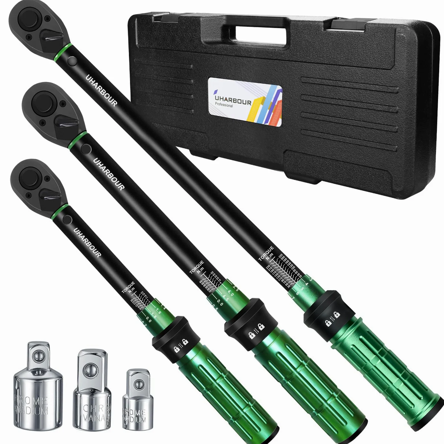 Uharbour Zestaw kluczy dynamometrycznych 1/4 i 3/8 i 1/2", 3-25 Nm, 5-60 Nm, 20-230 Nm, zestaw kluczy dynamometrycznych do samochodu, motocykla i roweru z adapterem 1/2 3/8 1/4, dokładność ± 3%, 72