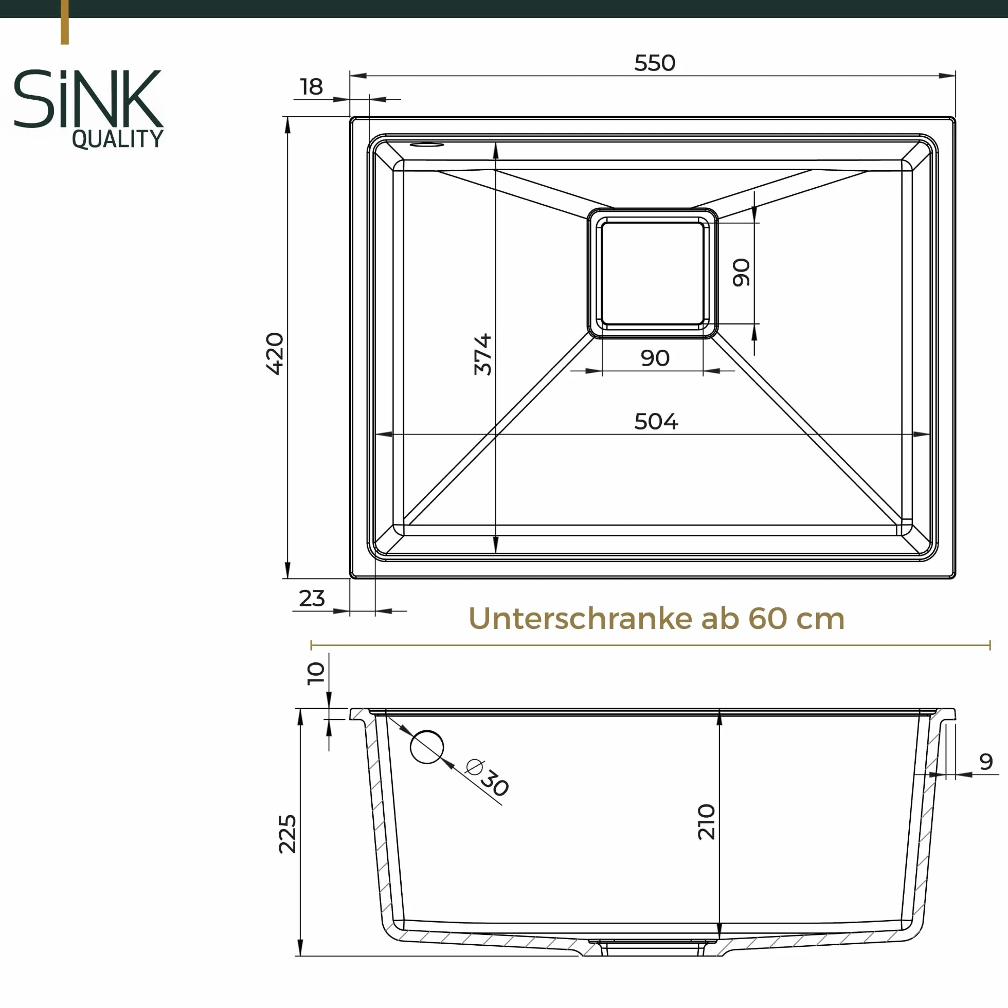 Sink Quality zlewozmywak do zabudowy czarny 55 x 42 cm – zlewozmywak do zabudowy w jednej płaszczyźnie wraz z syfonem złotym i środkiem impregnującym – granitowy zlewozmywak do szafki pod umywalkę 60