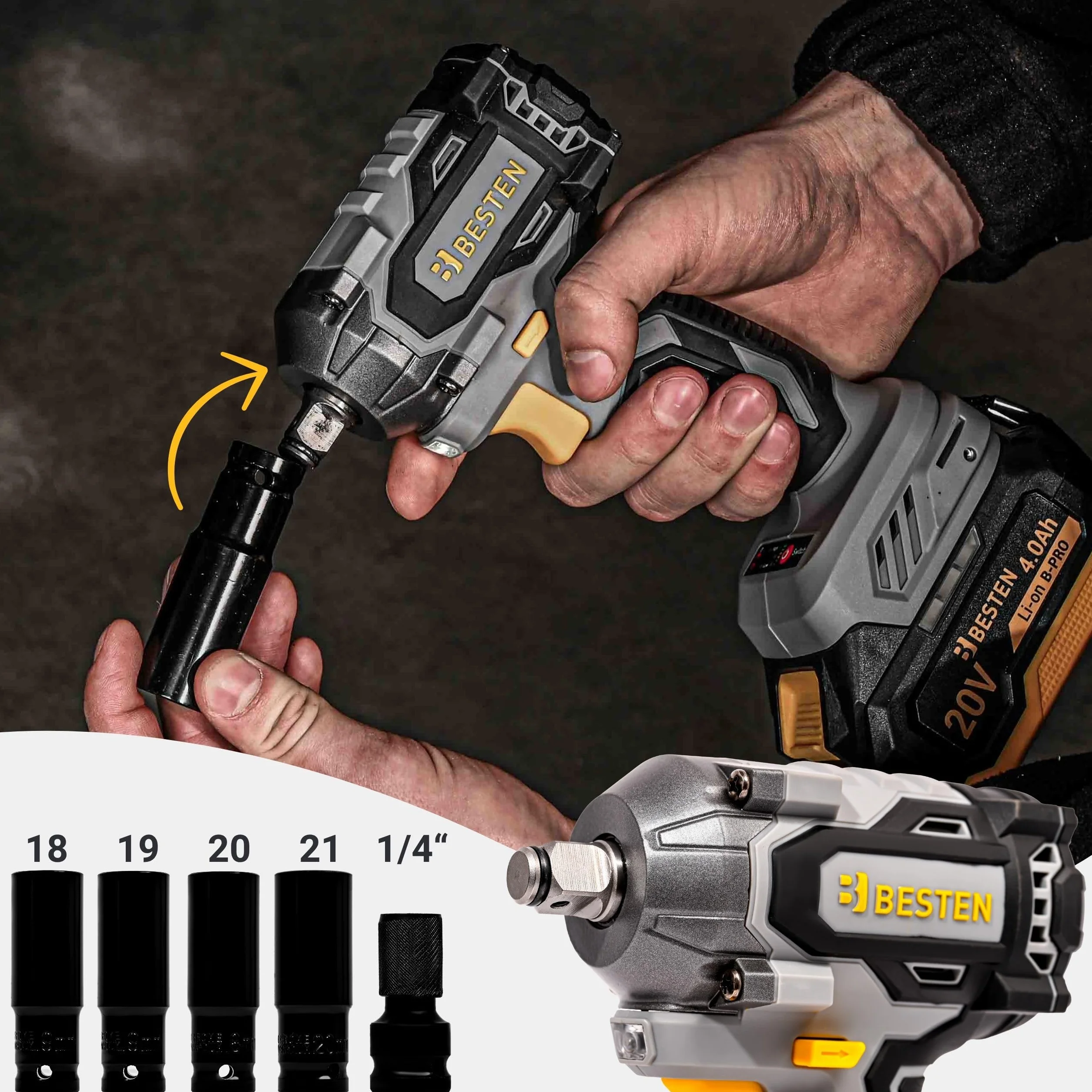 Klucz udarowy akumulatorowy BESTEN 450Nm • 20V BRUSHLESS • 1/2" trzpień • 3 biegi + Smart-Loosening • 2×4.0Ah B-PRO + szybka ładowarka • LED • walizka • BE0002891