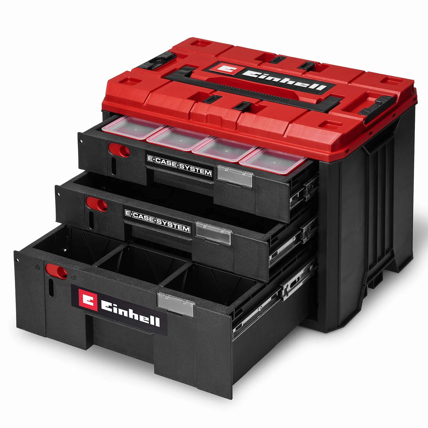 Oryginalna walizka z szufladami Einhell E-Case (Einhell E-Case System, 41,5 x 25 x 28 cm, maks. obciążenie 60 kg, 2 x szuflady o wysokości 5,5 cm, 1 x szuflada o wysokości 12,5 cm, uchwyt do noszenia)