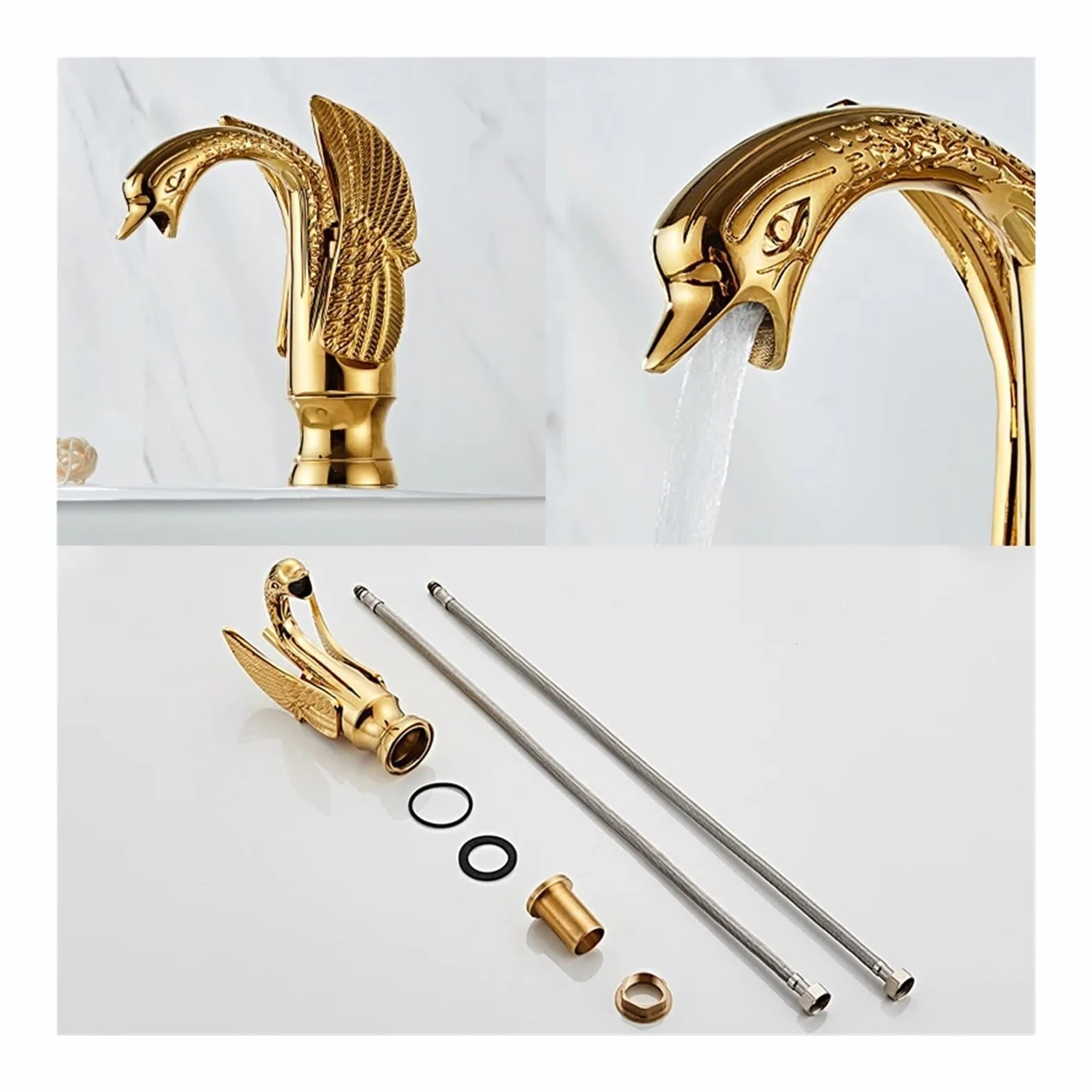 Swan Gold Bateria umywalkowa do łazienki, ciepła i zimna woda, kran Crane Black, montowany na blacie, chromowany, kran do zlewu kuchennego