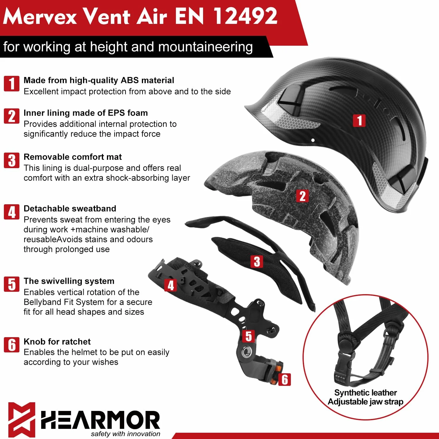 HEARMOR Kask przemysłowy dla dorosłych, kask budowlany LED, w zestawie kask ochronny ABS, certyfikat EN12492, certyfikat EN397, amortyzacja uderzeń i odporność na penetrację