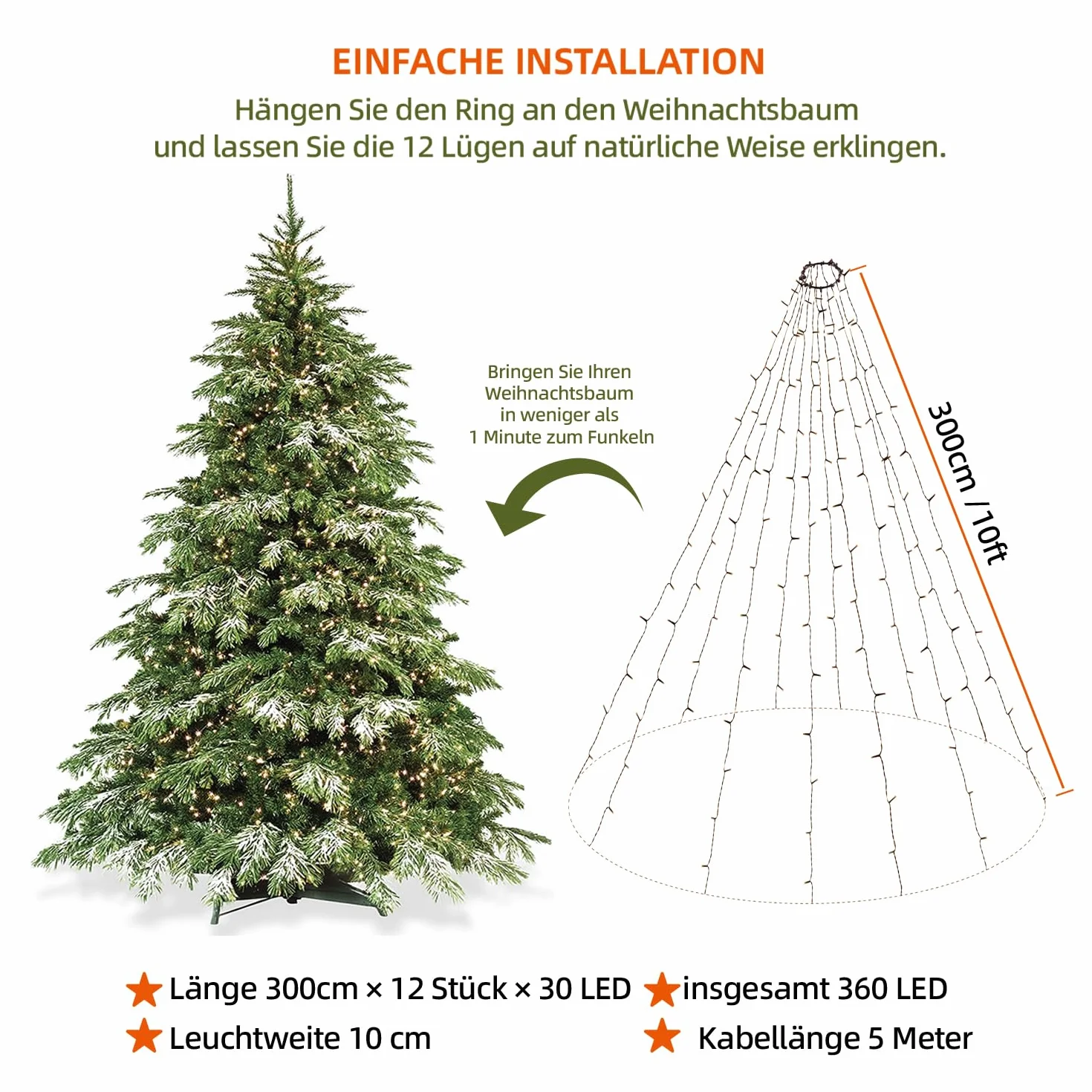 da LIGHT Łańcuch świetlny na choinkę, 360 diod LED, ciepła biel, 2500 K, 12 pasm po 3 m z przewodem doprowadzającym 5 m, 8 trybów pracy z timerem i funkcją pamięci, wodoszczelność IP44