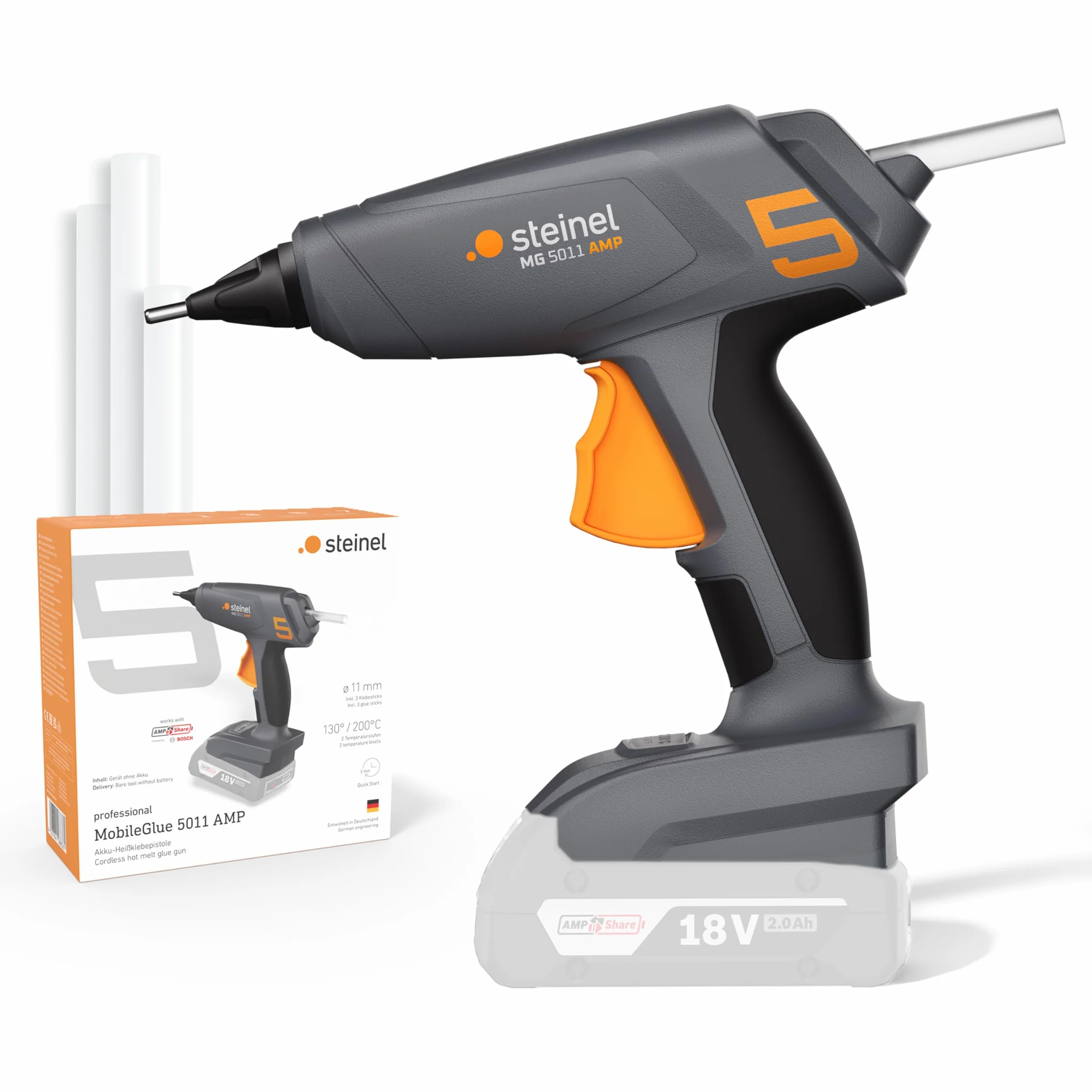 Steinel Bezprzewodowy pistolet do klejenia na gorąco PRO MobileGlue 5011 system 18 V Bosch AMPShare, bez akumulatora, 3 sztyfty kleju, 130°/200°C