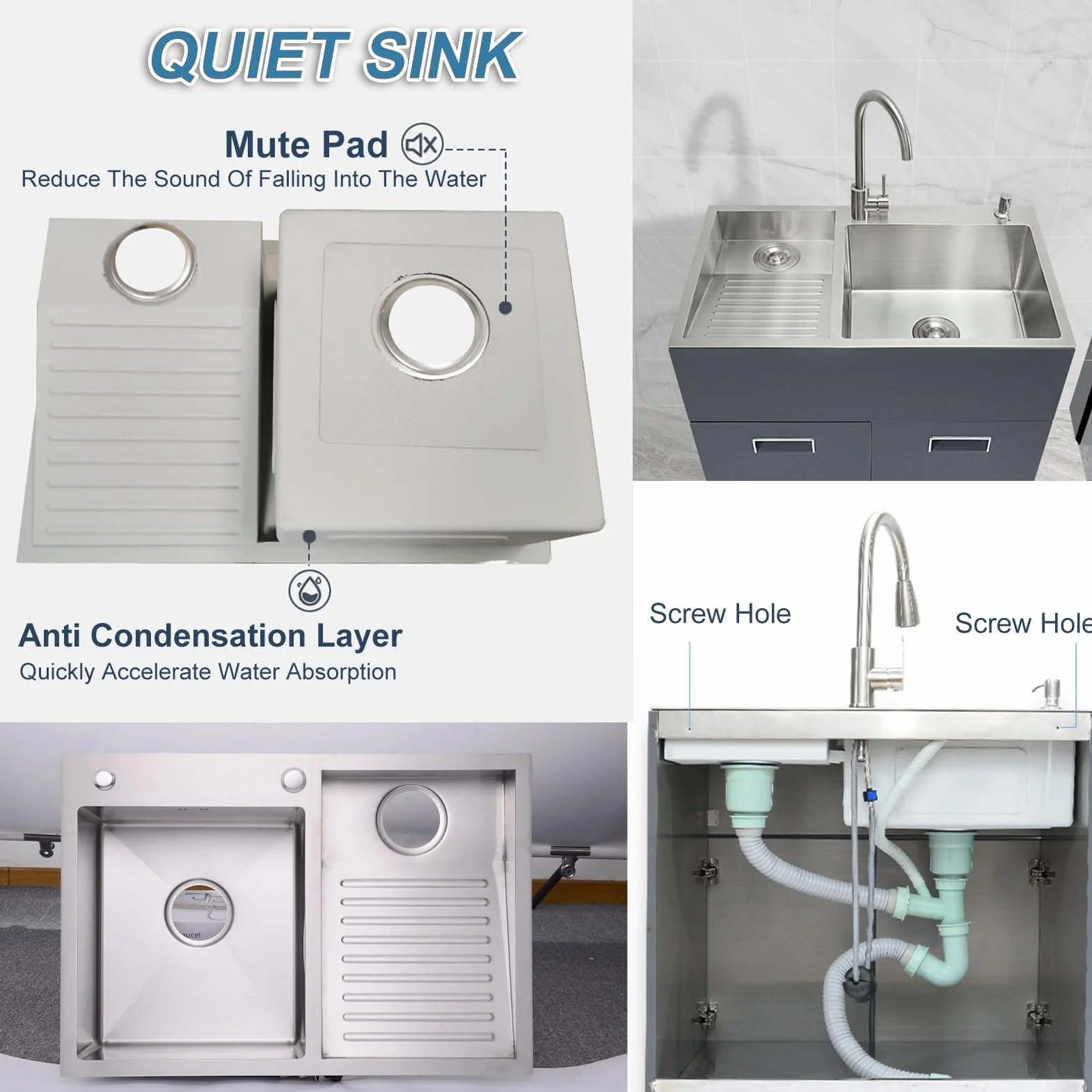 Bathroom Double Bowl Laundry Sink,Household Stainless Steel Laundry Sink,Wash Basin With Washboard,Pull-out Faucet,Easy To Clean (Color : Right, S : 80x48x22cm)