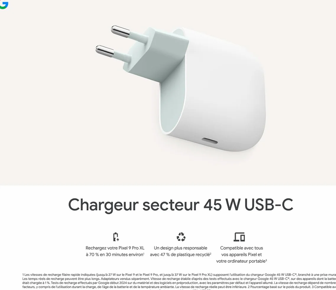 Google Ładowarka USB C 45 W do smartfonów Pixel Snow