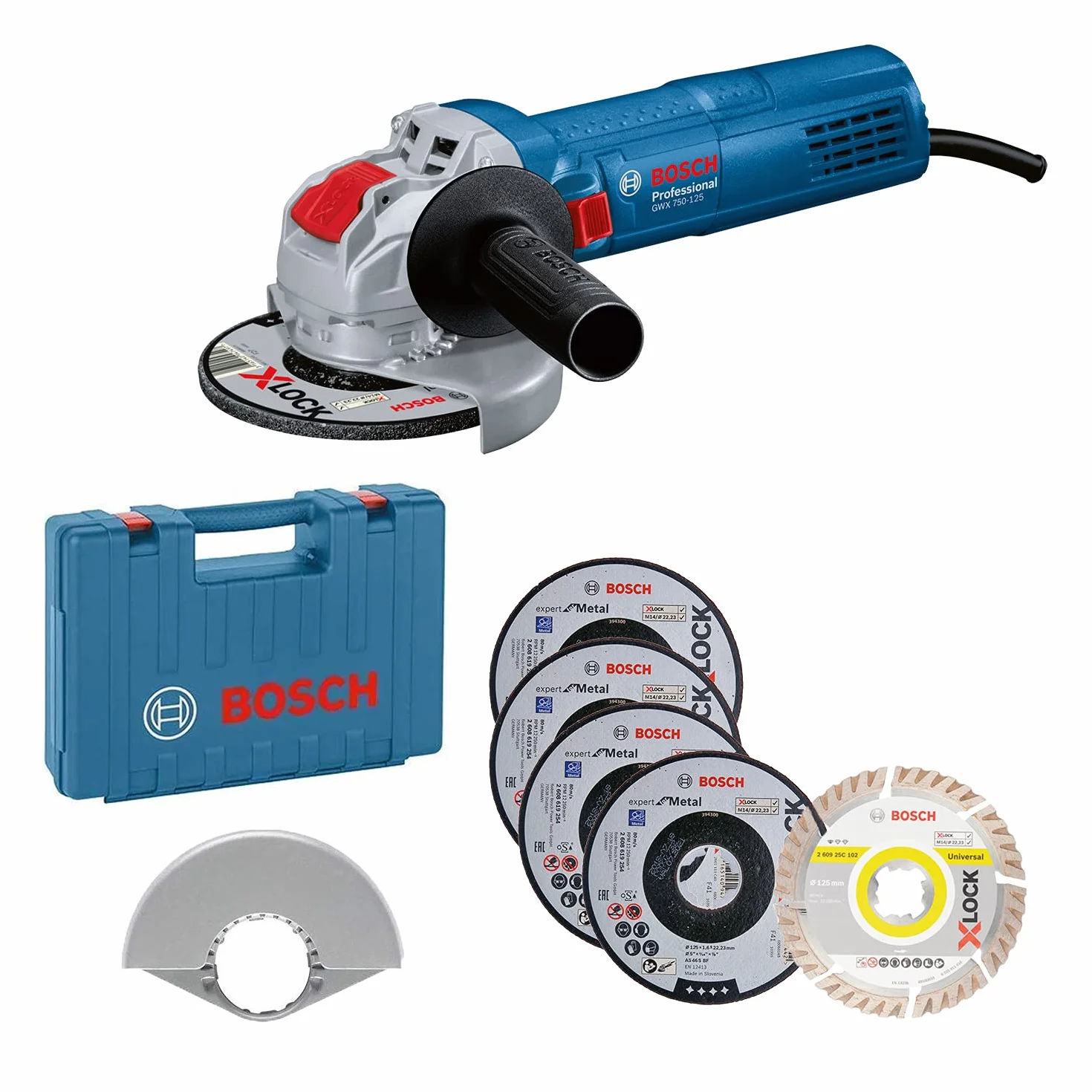 Bosch Professional: szlifierka kątowa GWX 750-125 (średnica tarcz 125 mm, 5-częściowy zestaw tarcz tnących i ściernych, pokrywa ochronna 125 mm, walizka) – Amazon Exclusive Set