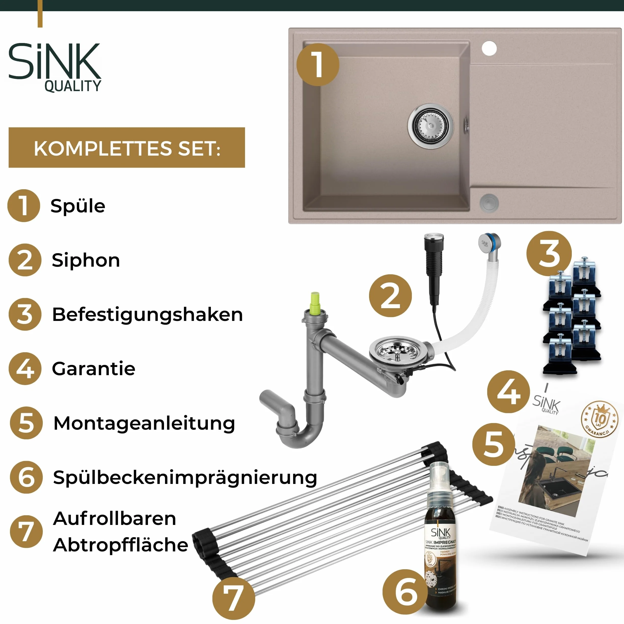 SINK QUALITY zlewozmywak granitowy beżowy 78 x 46 cm – zlewozmywak z syfonem push, ociekacz, środek impregnujący – zlewozmywak kuchenny beżowy z ociekaczem do szafki pod umywalkę 60