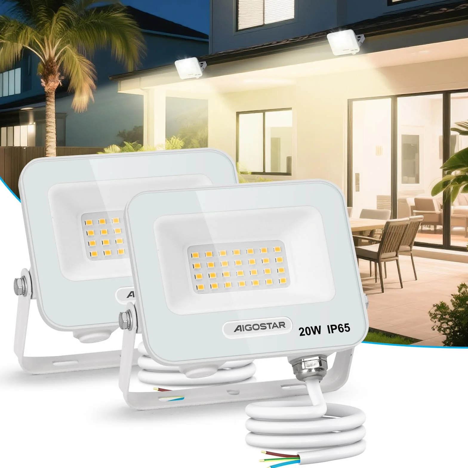 Aigostar – 20 W reflektor zewnętrzny LED, 1650 lm reflektor LED, wodoodporna lampa zabezpieczająca IP65, naturalne oświetlenie zewnętrzne 4000 K, do ogrodu, na patio, do garażu, 2 szt