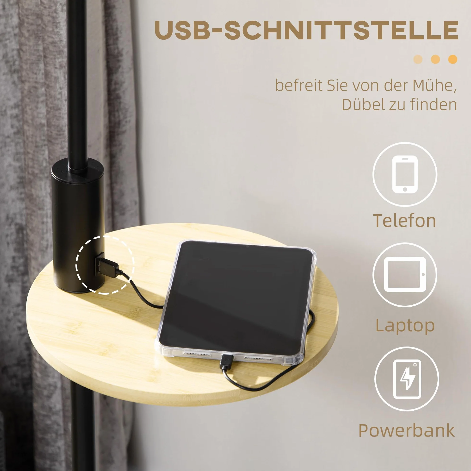 HOMCOM Lampa stojąca, stojąca, ze złączem USB, lampa stojąca, do salonu, sypialni, ze stali, kremowa, Ø 40 x 168 cm, żarówka nie wchodzi w zakres dostawy