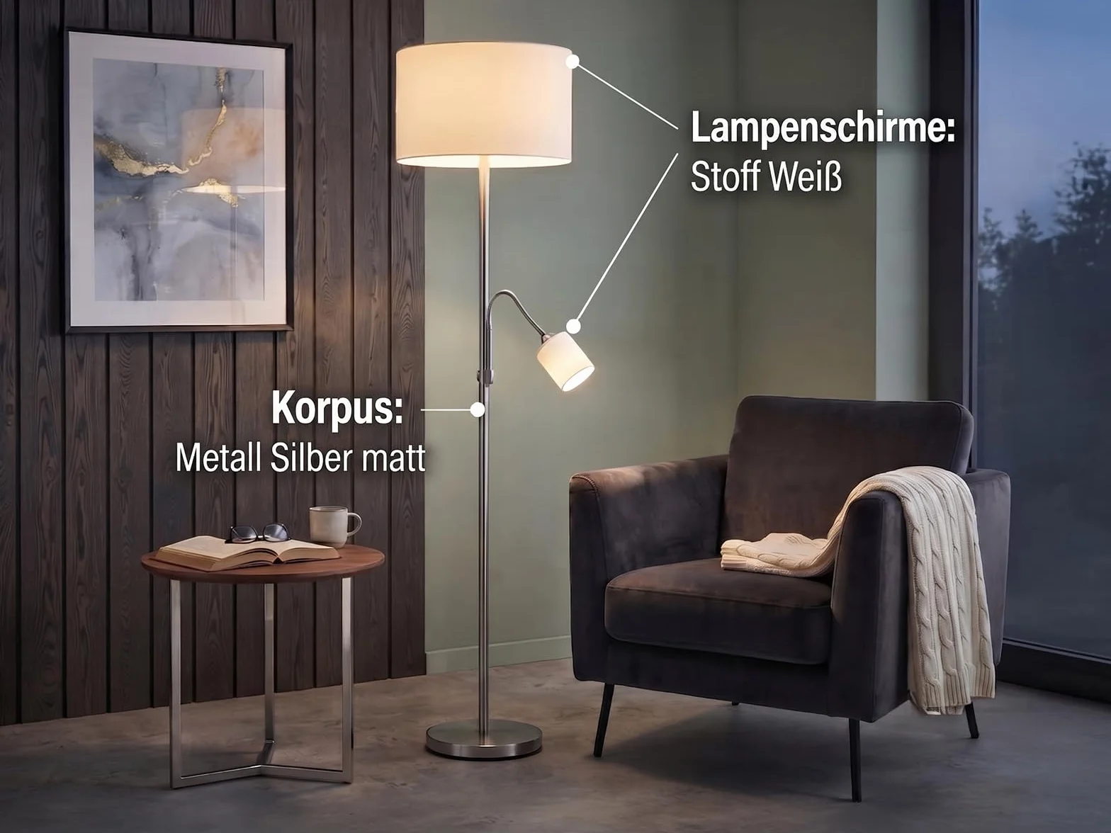 Klasyczna lampa stojąca LED z lampką do czytania i abażurami materiałowymi w kolorze białym wysokość 170 cm – ponadczasowe, eleganckie oświetlenie postojowe
