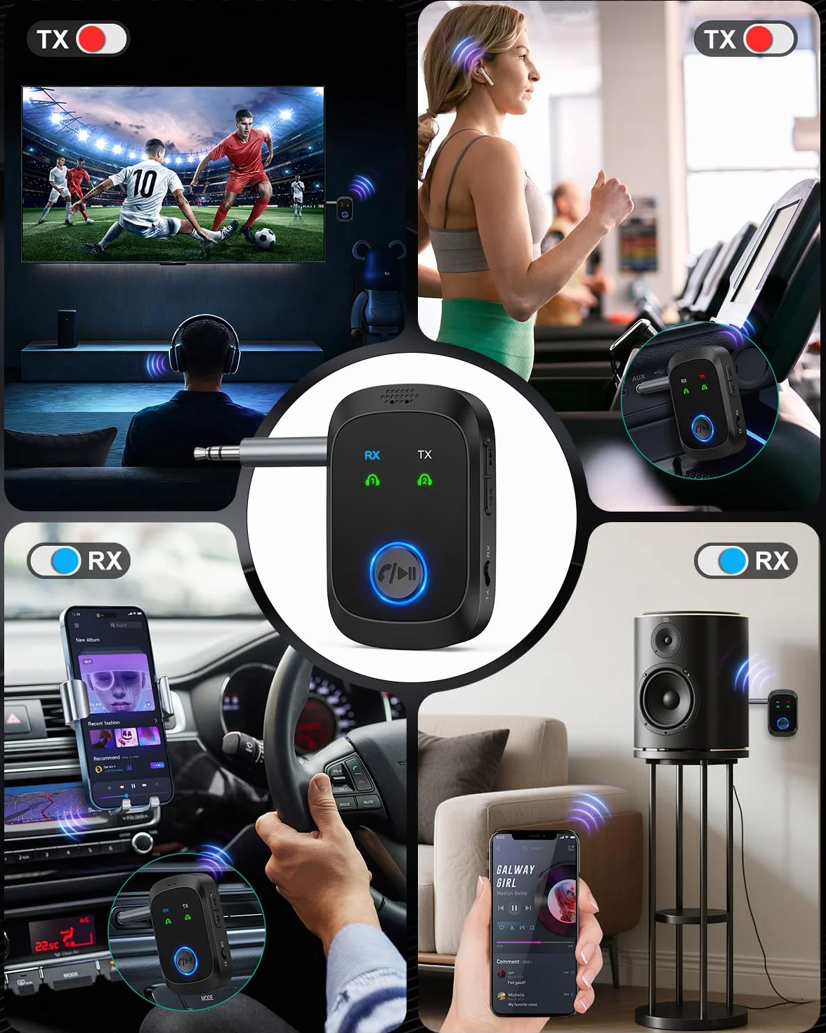 ORIA nadajnik i odbiornik Bluetooth 5.4, przenośny adapter Bluetooth Aux z podwójnym połączeniem, połączenie głośnomówiące, niskie opóźnienie, 3,5 mm bezprzewodowy nadajnik audio do samochodu, TV, PC