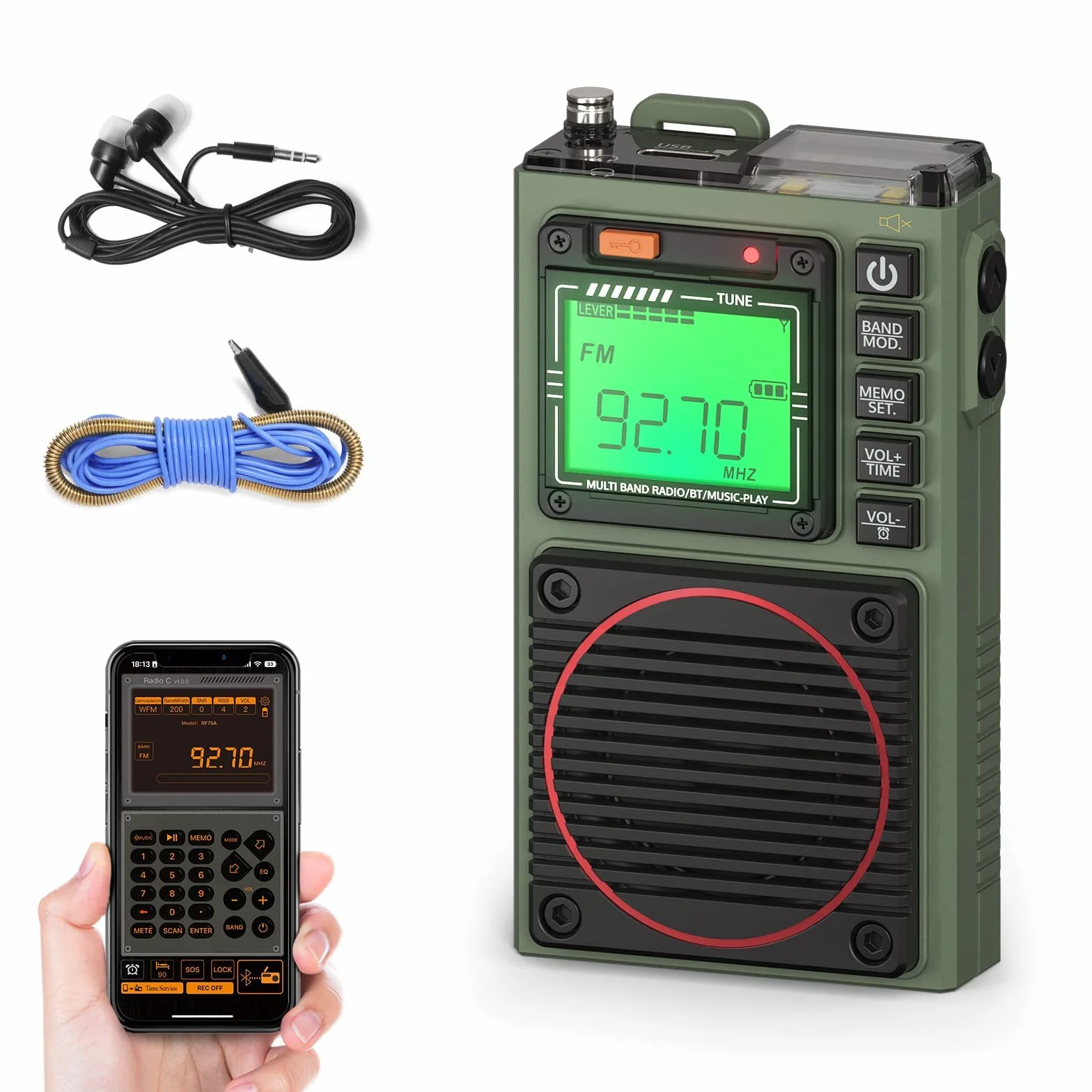 Raddy RF75A Radio krótkofalowe z kontrolą aplikacji, przenośne AM/FM/VHF/SW/WB z funkcją pogody, ładowalne, z anteną drucianą (Army Green)