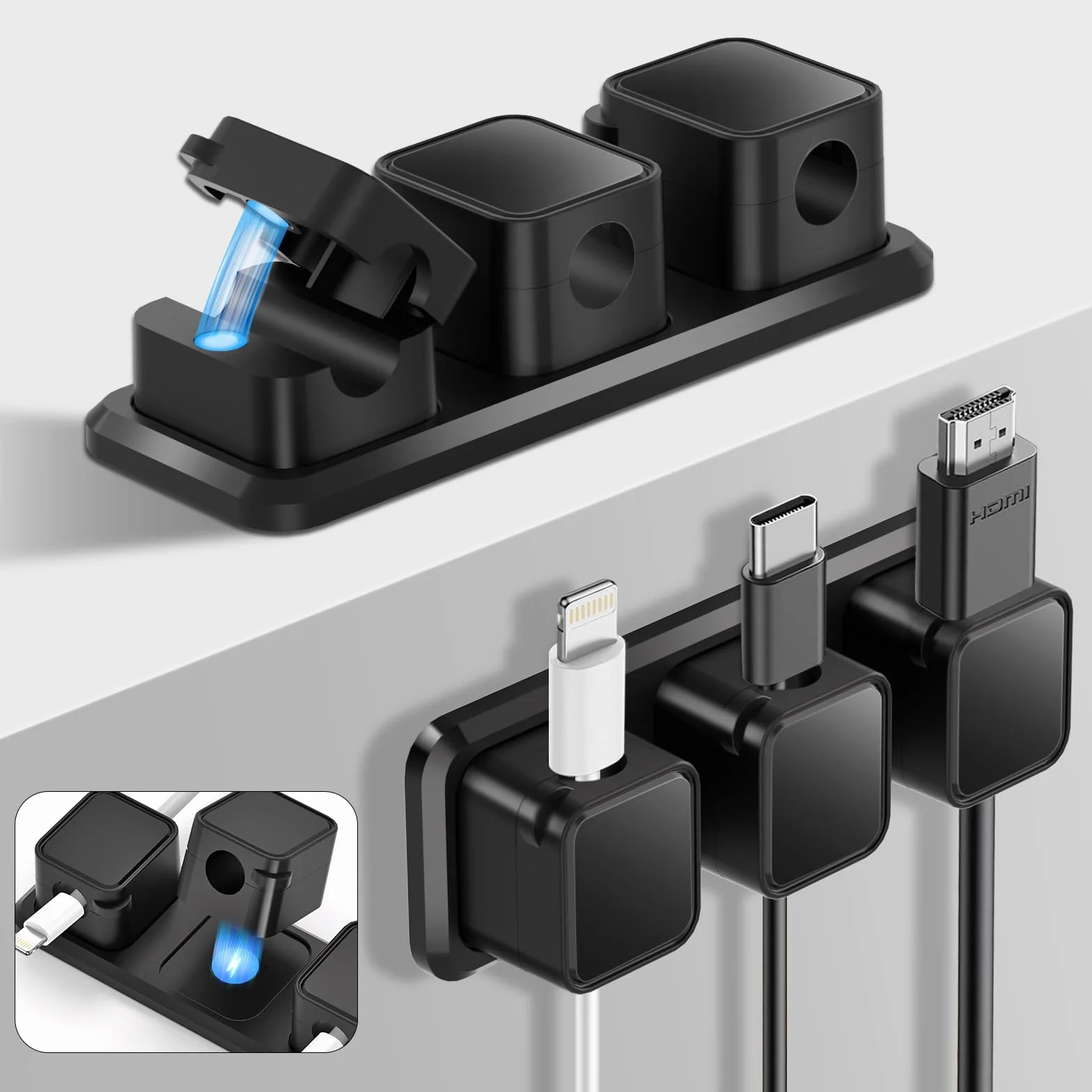 Uchwyt do organizera, 2 x 3 gniazda, samoprzylepne magnetyczne klipsy na biurko, organizer na przewody, organizer na biurko na stolik nocny, do biura, USB, kabel audio, kabel komputerowy