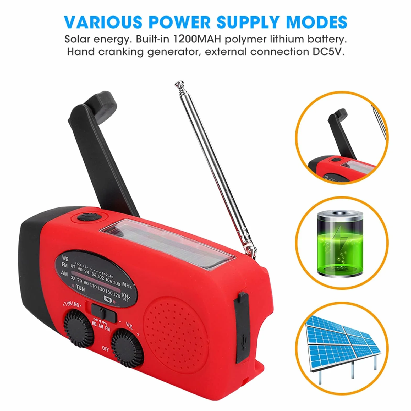 Solar Hand Crank Radio z NOAA Pogodowe Alert AM FM NOAA Multi-Pasme Odbiornik, ładowarka Telefoniczna USB