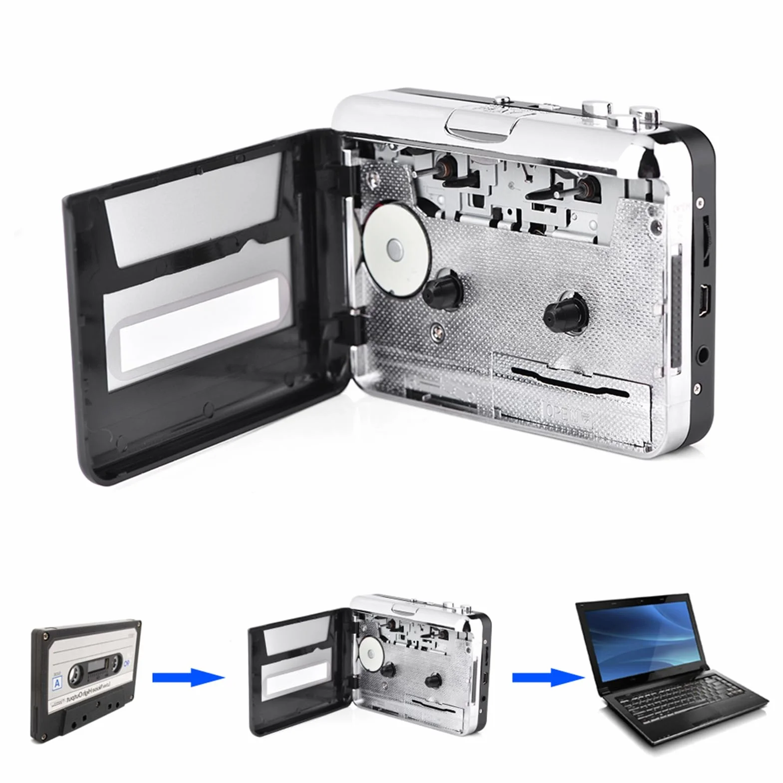 Konwerter Kaset Magnetofonowych USB na MP3, Odtwarzacz Muzyki Przechwytującej Dźwięk ze Słuchawkami
