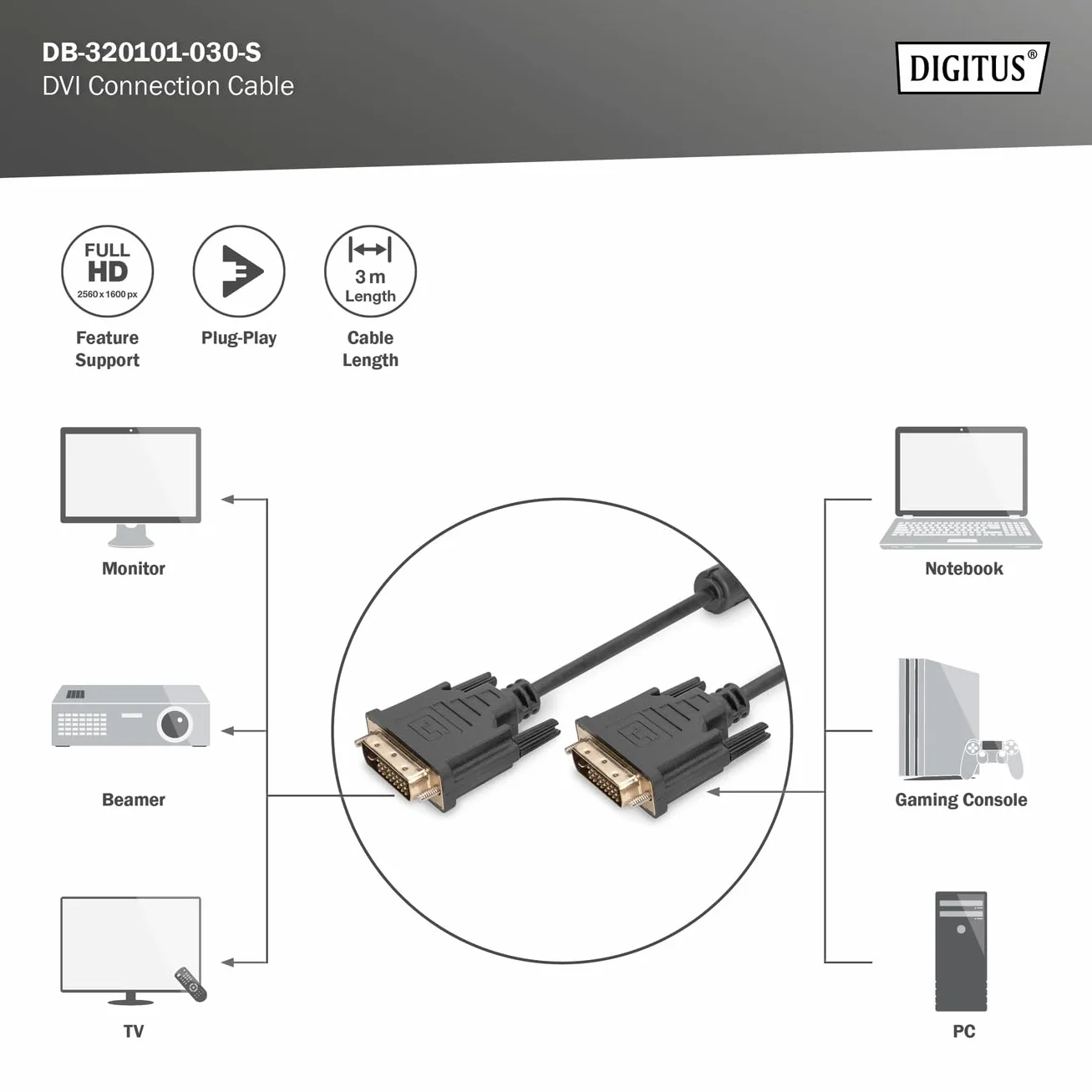 Digitus DVI-D Dual Link 3 m czarny kabel