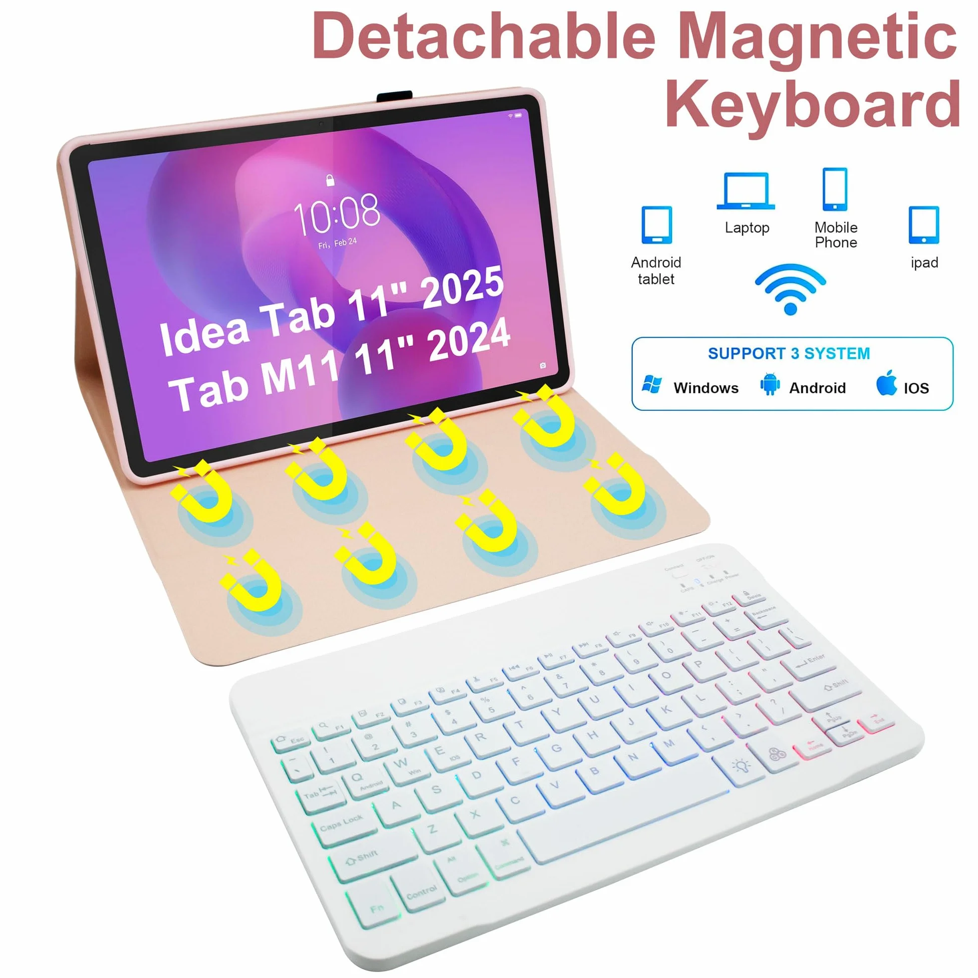 Etui na klawiaturę Lenovo Tab M11 11" 2024, podświetlana klawiatura 7-kolorowa z myszką, TPU, różowy