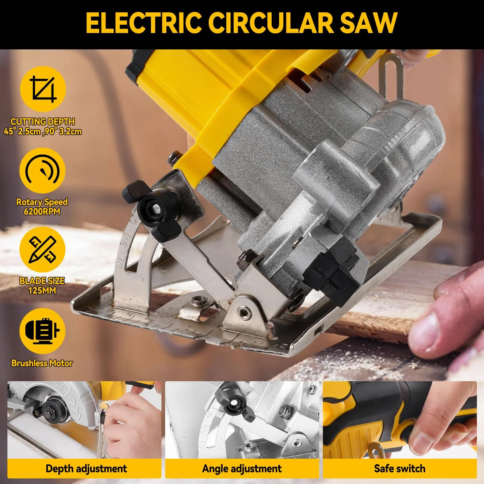 Bezprzewodowa piła tarczowa do piły tarczowej DEWALT 18 V 20 V, 1000 W 6200 obr./min, bezszczotkowa elektryczna piła tarczowa z 3 ostrzami 125 mm, skos 0-45°, głębokość 32 mm, do drewna, miękkiego