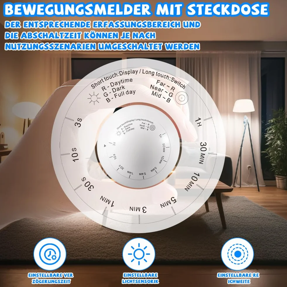 Joycabin Gniazdo z czujnikiem ruchu, bezprzewodowy czujnik ruchu PIR na podczerwień z timerem, automatyczne włączanie/wyłączanie lamp i urządzeń do użytku wewnątrz i na zewnątrz, pomieszczenia