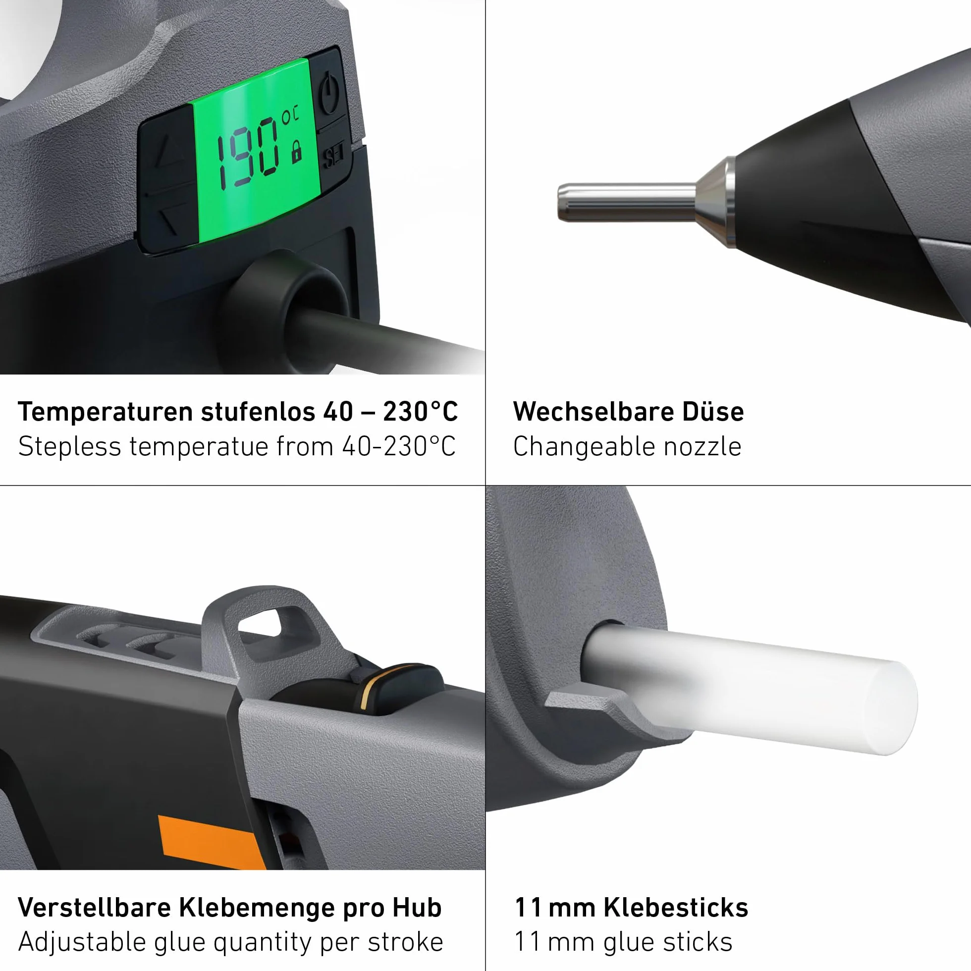 Pistolet do kleju Steinel GlueMatic 7011, 110 W | elektronicznie sterowany pistolet do kleju, regulowana ilość kleju, wymienne dysze