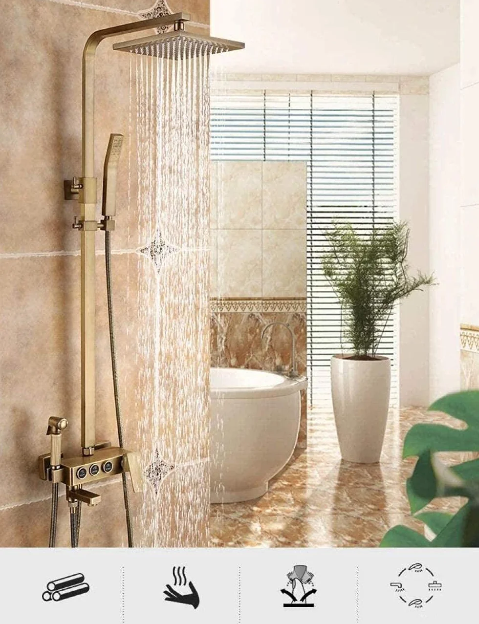 Zestaw prysznicowy Herzche Bathroom Retro Rainfall Shower System z szczotkowanego mosiądzu, bateria wannowa, ścienny termostatyczny zestaw prysznicowy z deszczownicą, dekor,