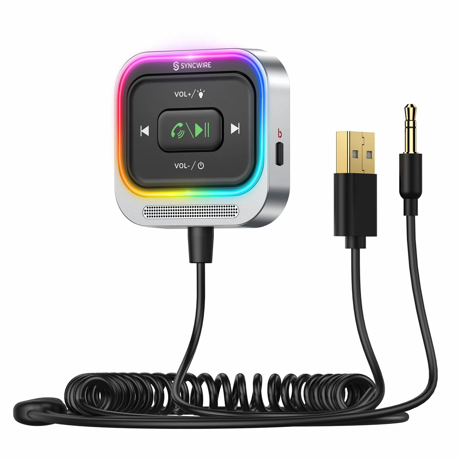 Syncwire Bluetooth 5.4 Adapter samochodowy z mikrofonem, Aux 3.5mm, zestaw odbiornika, kabel nawijany, głęboki bas HiFi