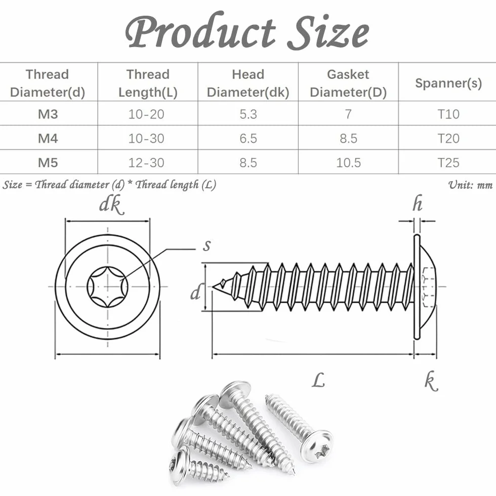 Wkręty samogwintujące M5 – wkręty do blachy, płaski łeb z tarczą, stal nierdzewna, Torx, wkręty do drewna, pełny gwint, M5 x 25 mm, 20