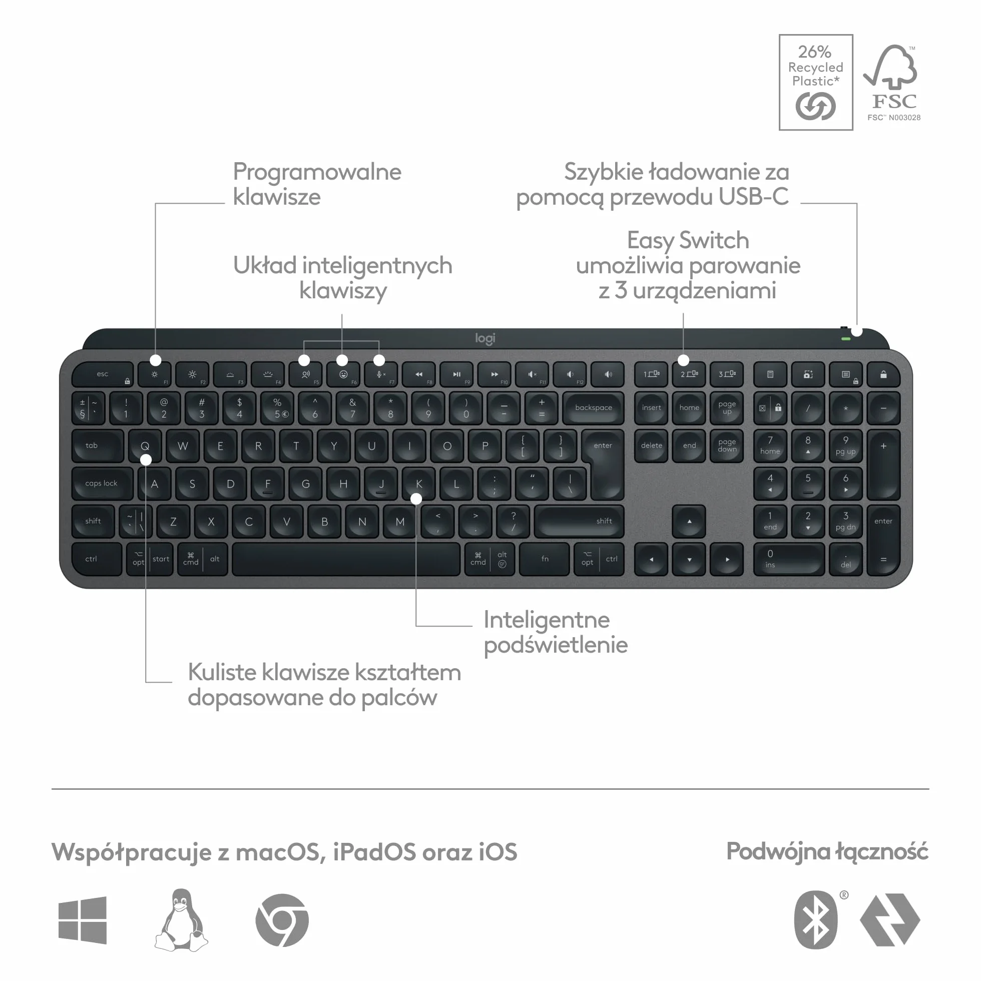 Logitech MX Keys S Bezprzewodowa Klawiatura Niski Profil Cicha Podświetlana Bluetooth USB-C QWERTY US Intl Szary