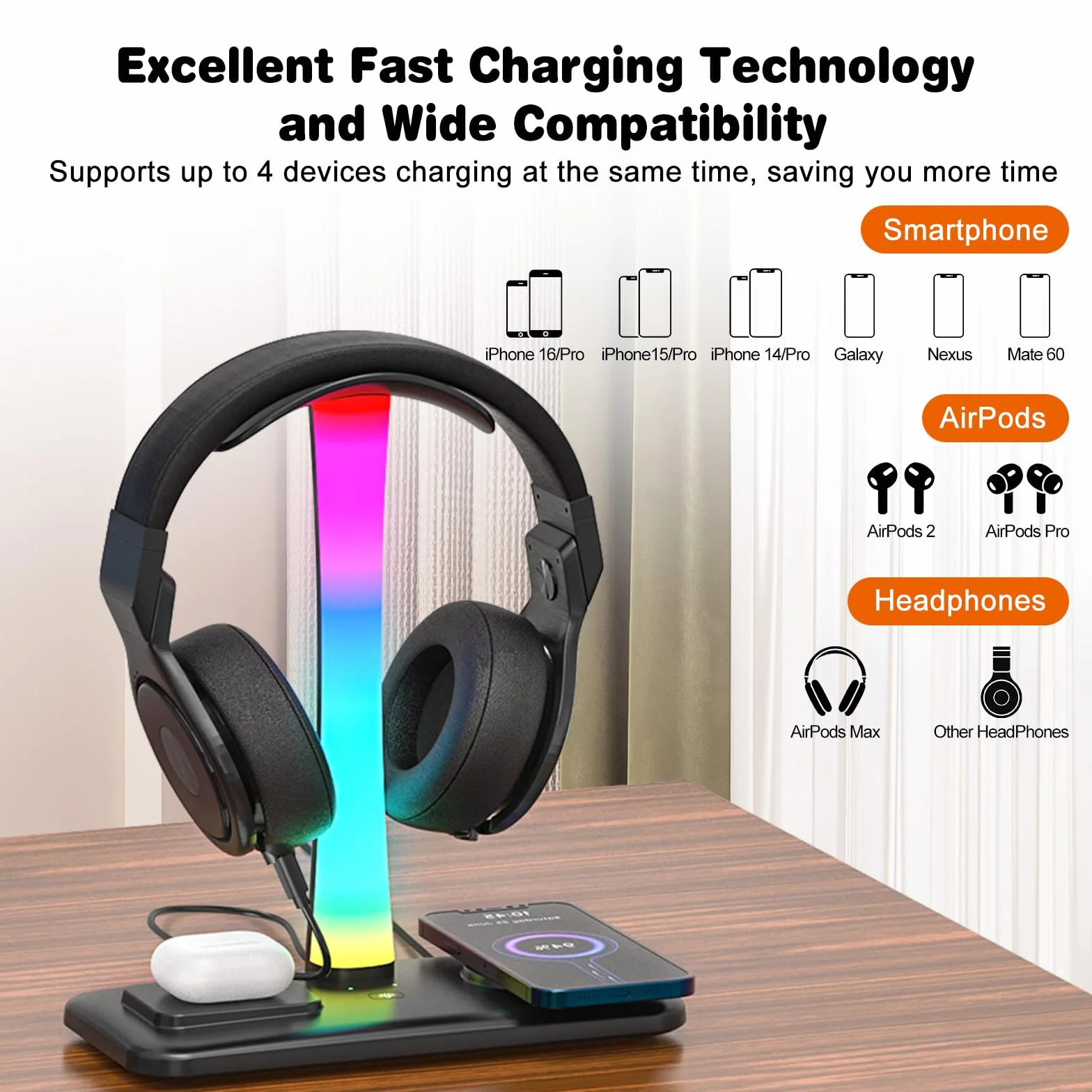 Stojak 3 w 1 RGB Uchwyt na Słuchawki Gamingowe z Ładowarką 15 W i 9 Trybami Świecenia