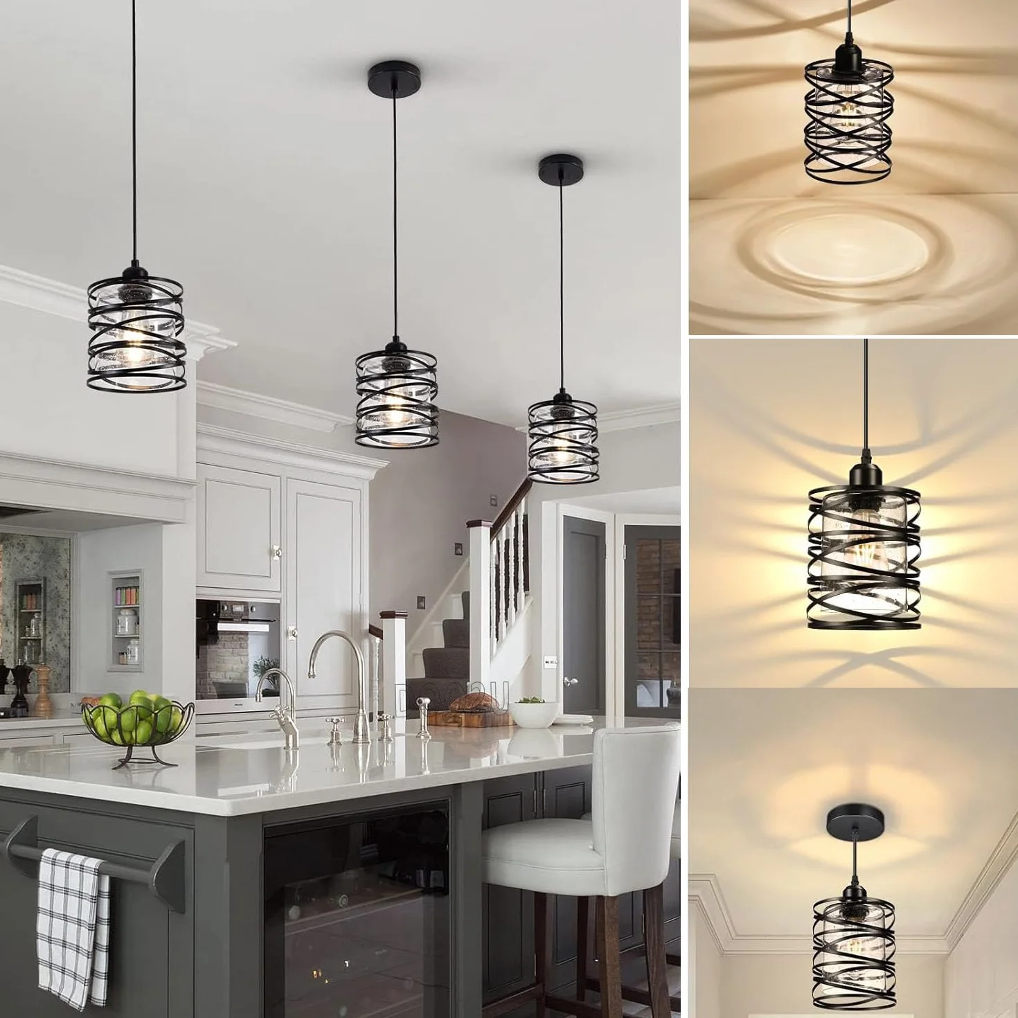 Zestaw 2 przemysłowych żyrandoli wiszących w stylu retro, vintage, metalowa lampa sufitowa E27 ze szklanym abażurem do sypialni, restauracji, salonu (2-klosz z przezroczystego szkła - A)