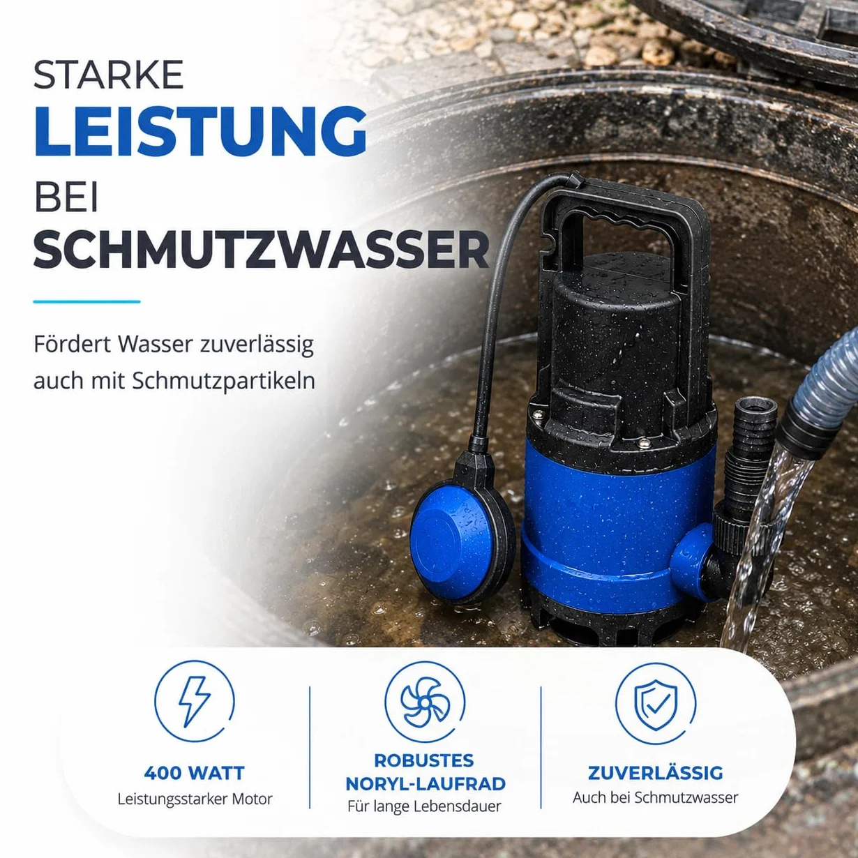 Pompa zanurzeniowa 400 W do brudnej wody, z przepływem 7500 l/h – maks. wysokość tłoczenia 5 m, głębokość zanurzenia 4 m, przewód 10 m, wyłącznik pływakowy i ochrona termiczna, powódź i wysoka woda