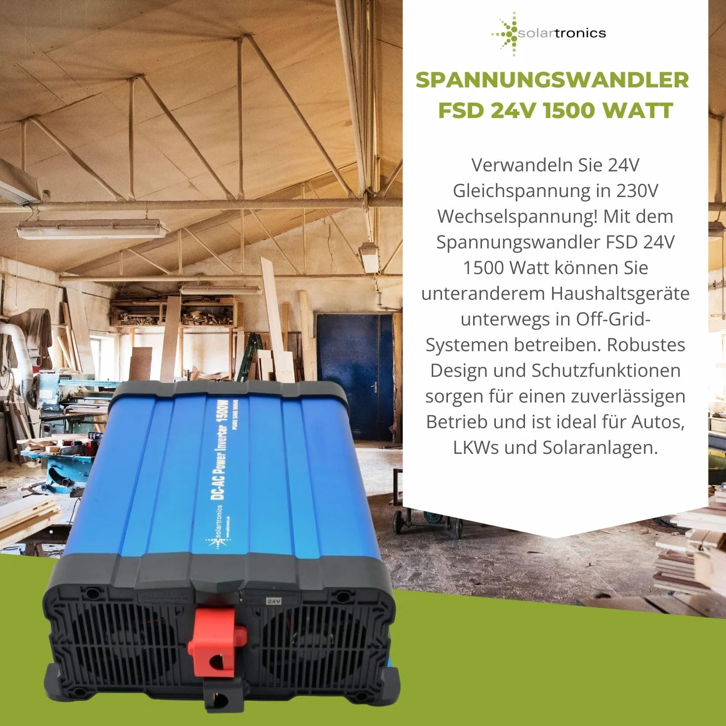 Solartronics FS1500D przetwornica napięcia 24V 1500/3000 Watów Reiner Sinus Niebieski z Ekranem FS Seria Inwerter